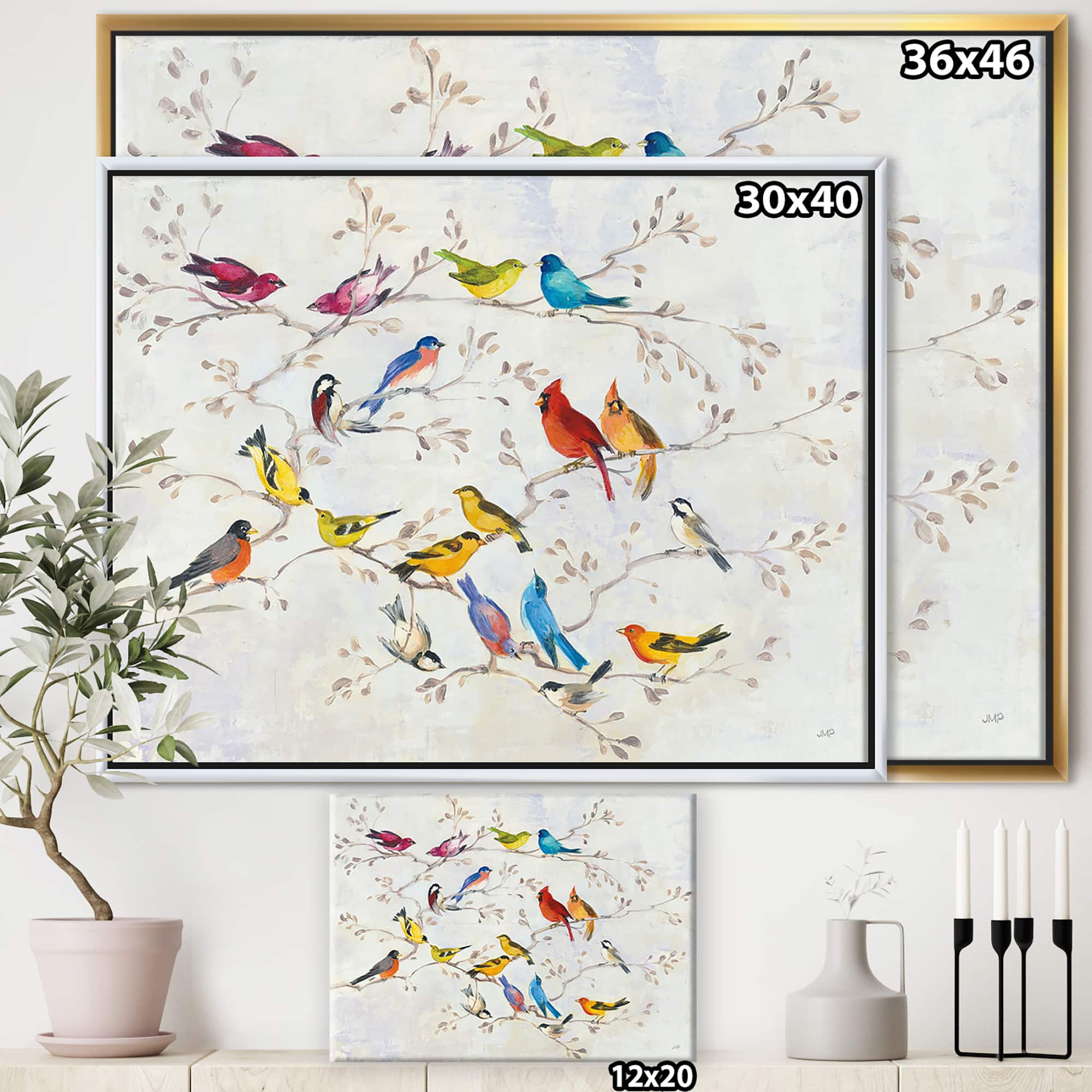 Designart - Multi-Color Bird on Tree - Modern Farmhouse Canvas in Gold Frame