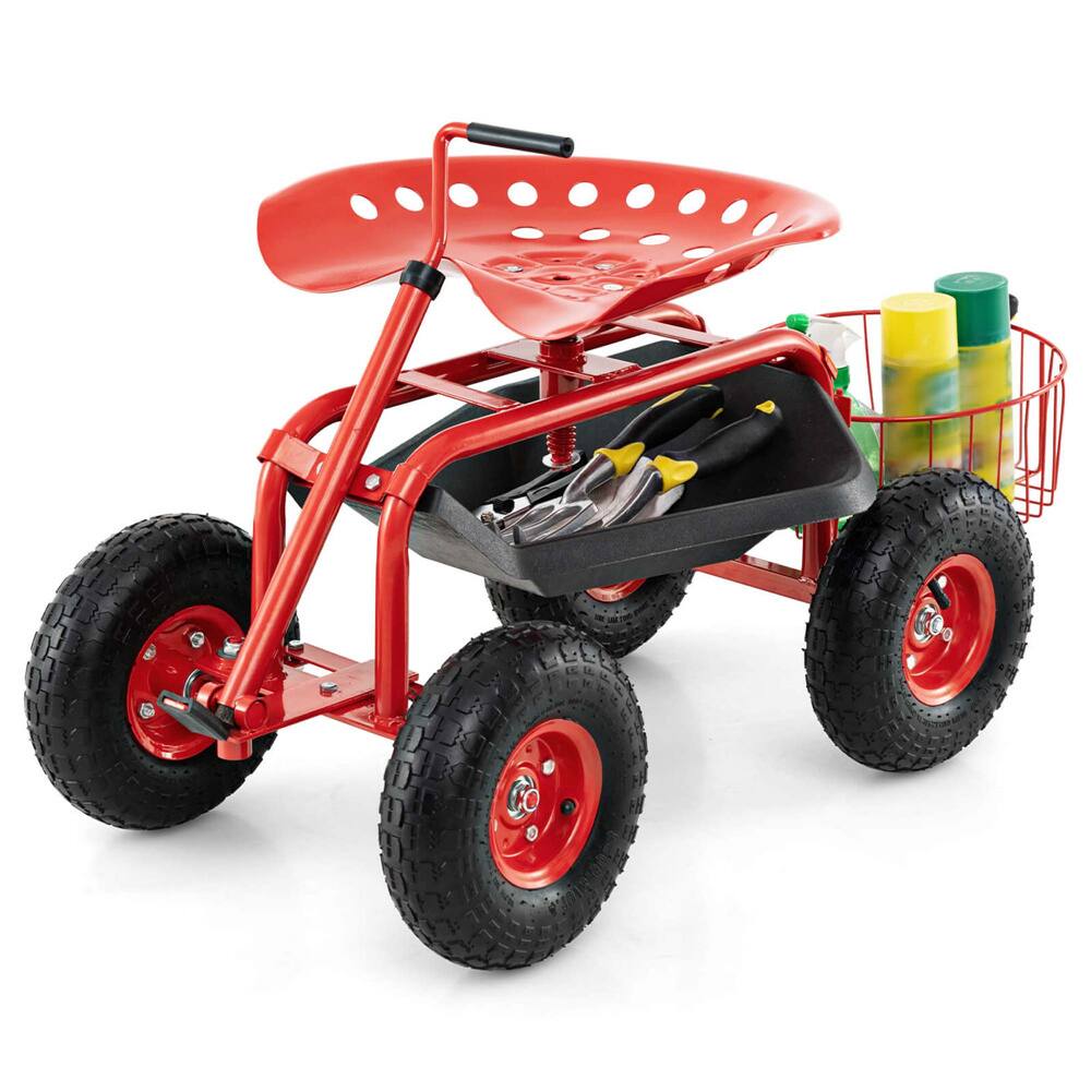 Costway Garden Cart Rolling Work Seat Wagon Scooter for Planting with Extendable Handle