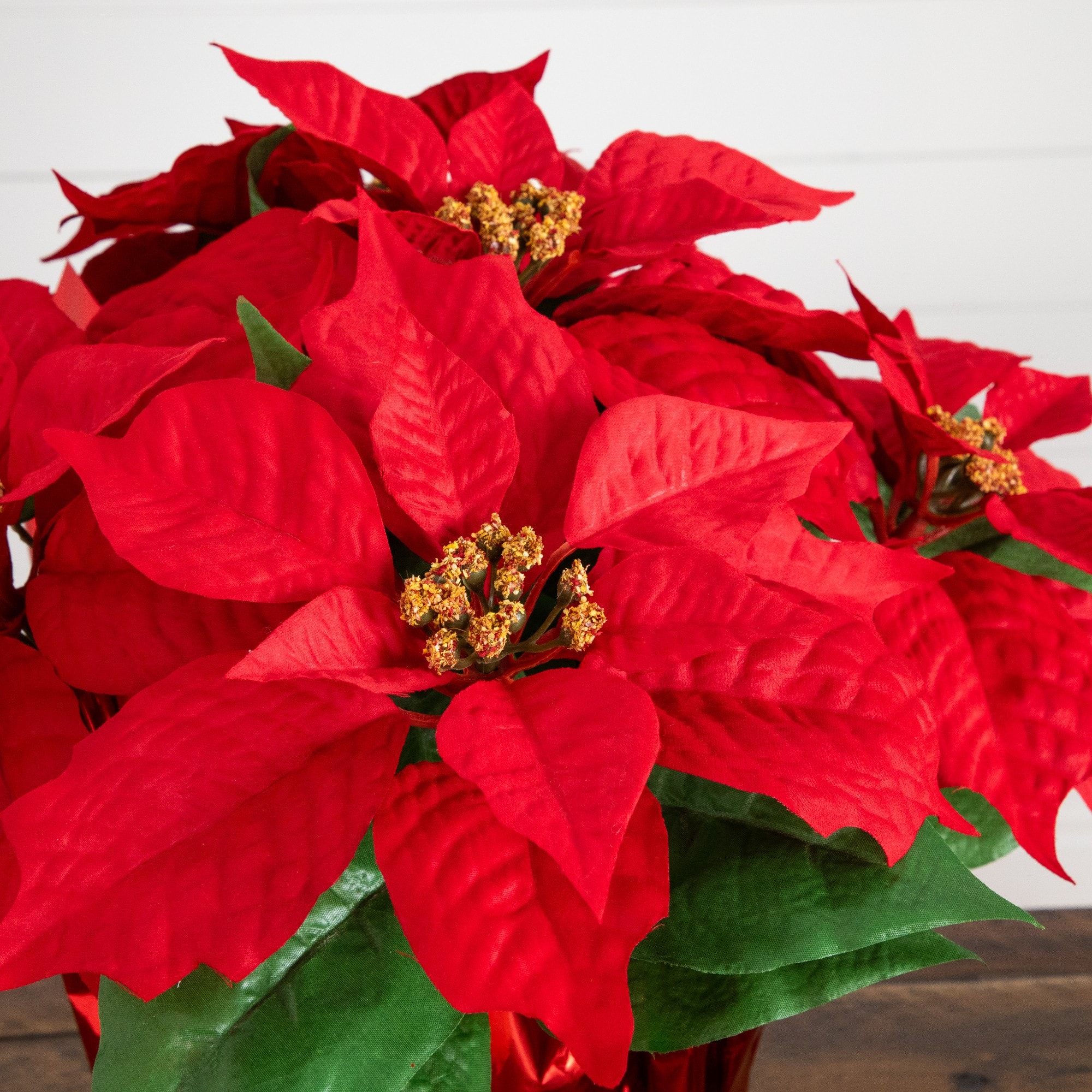 Nearly Natural 13" Artificial Potted Poinsettia Arrangement in Red Wrapped Planters