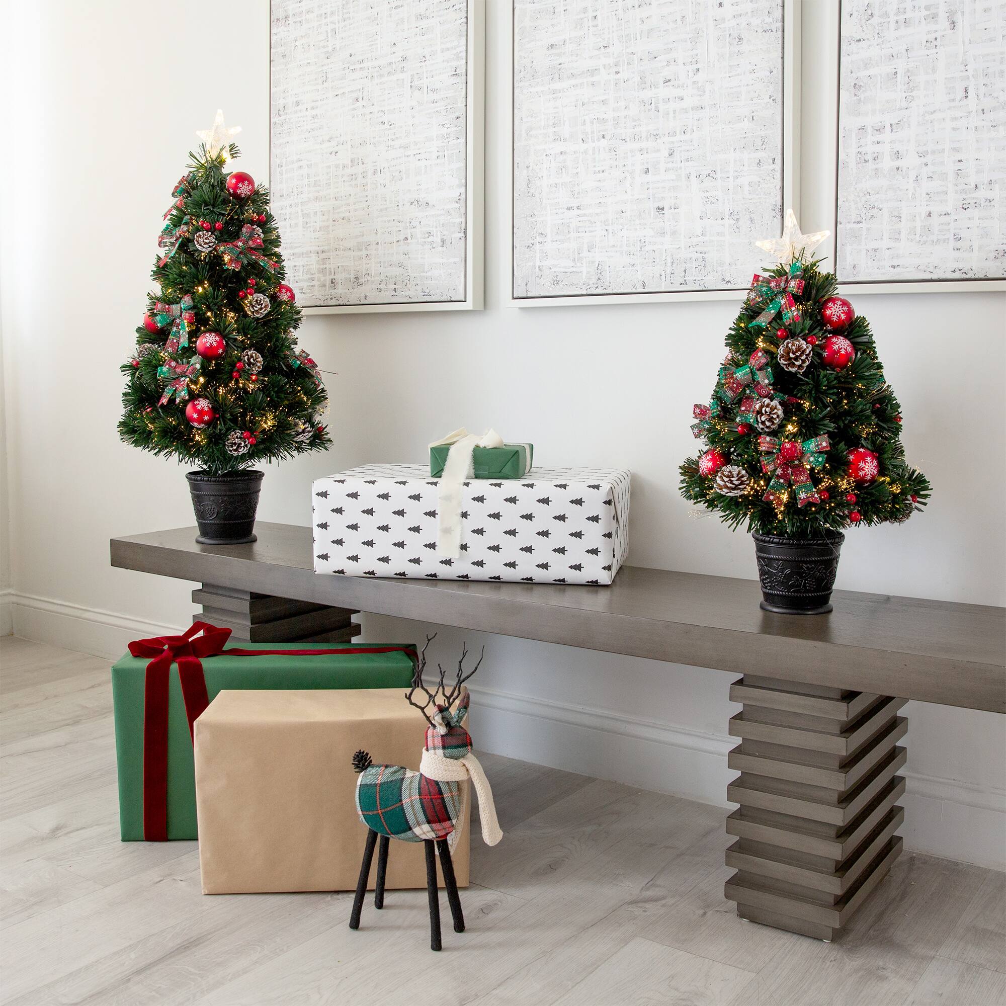 3ft. Pre-Lit Fir Artificial Christmas Tree in Planter, Clear Fiber Optic Lights