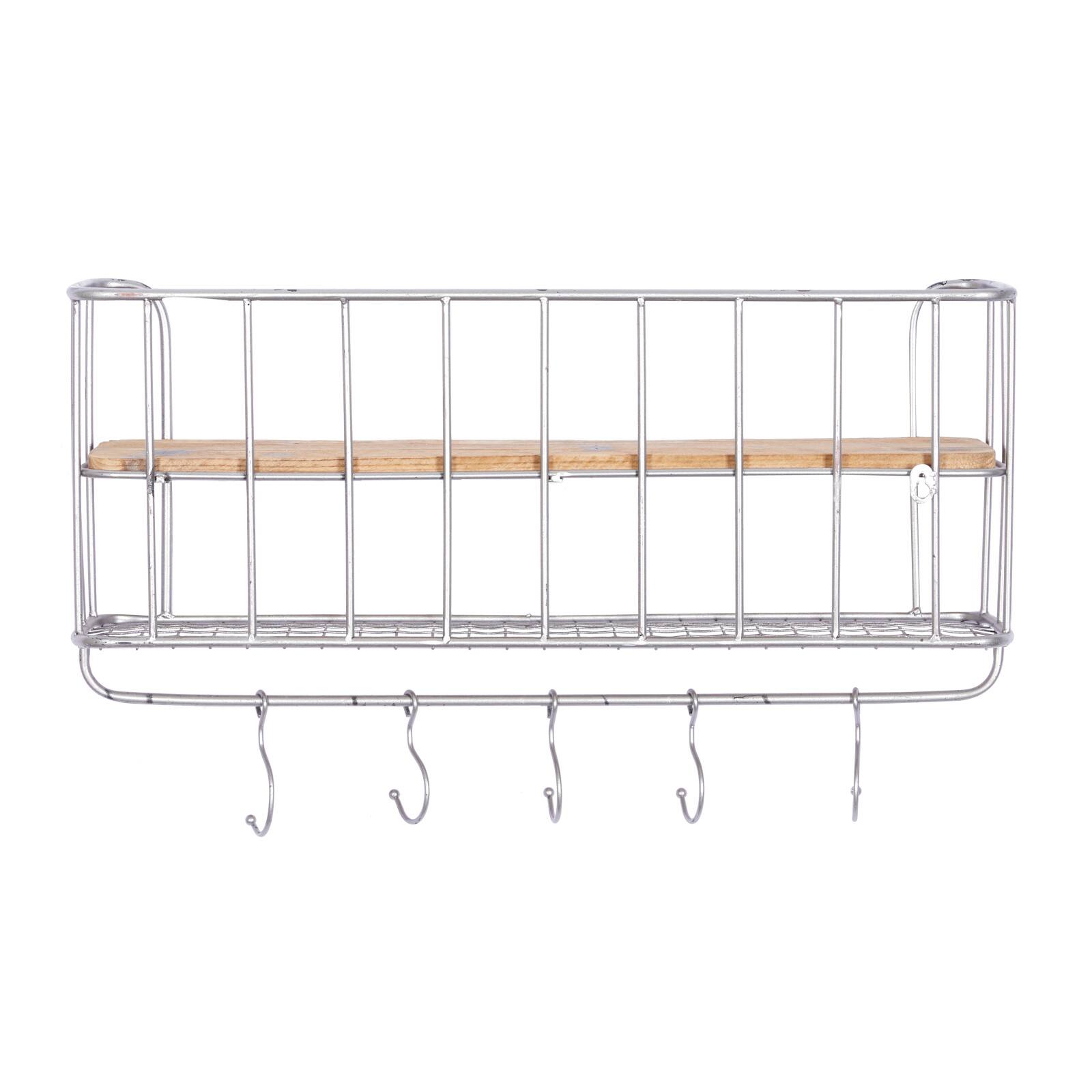 Set of 2 Silver Metal Basket & Wooden Wall Shelf Units With Hooks
