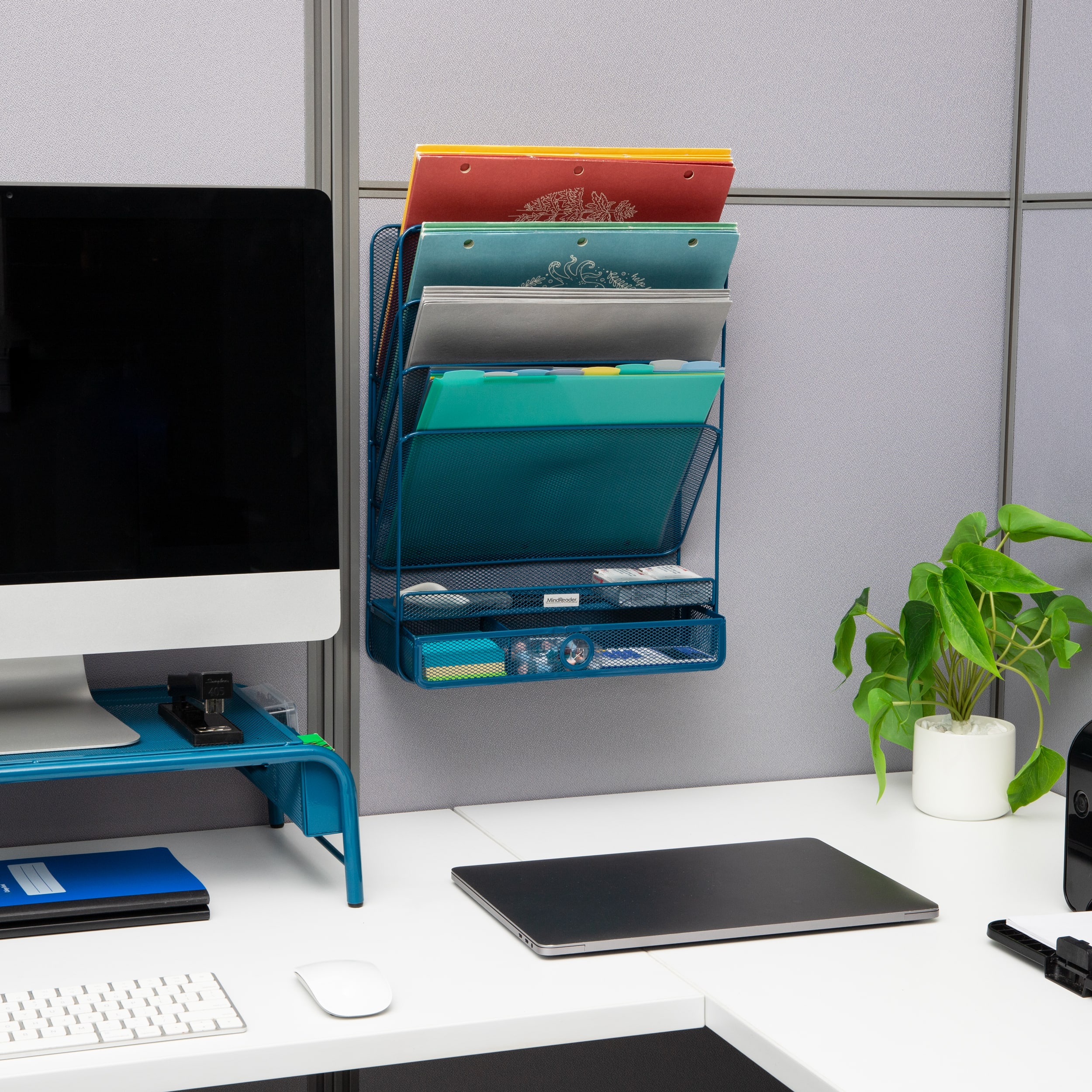 Mind Reader 4-Tier Vertical File Storage, Desktop Organizer, Wall Mount, Office, Metal Mesh, 12.5"L x 4"W x 16.5"H, Turquoise