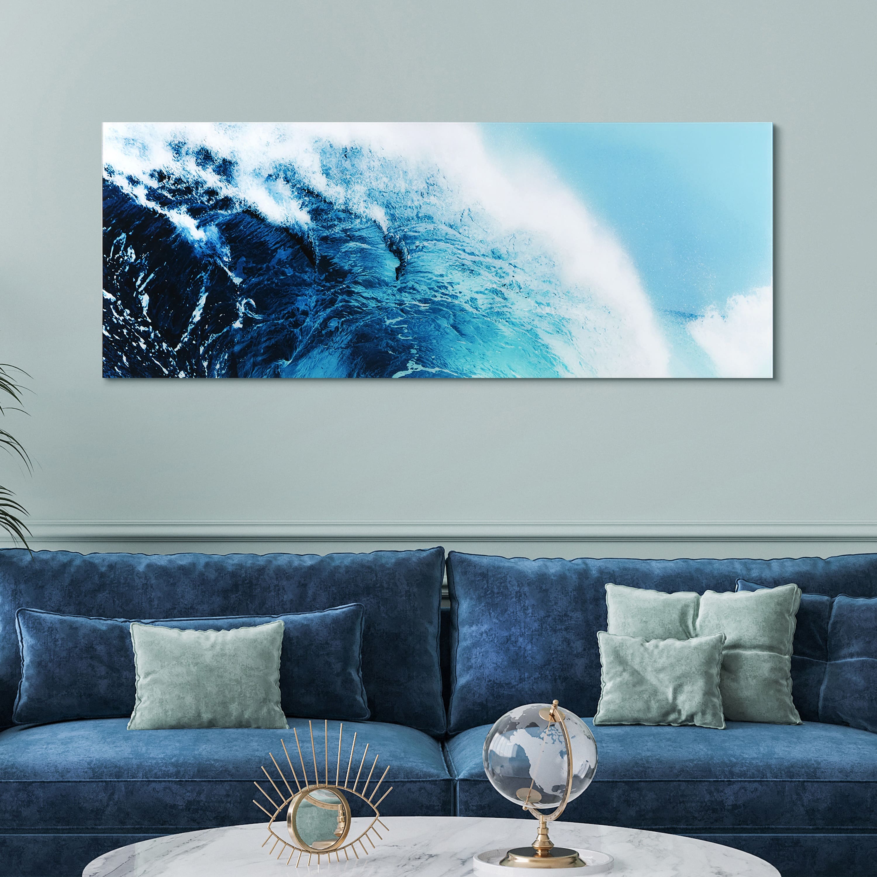 Empire Art Direct 24" x 63" Blue Wave 1 Frameless Free Floating Printed Tempered Glass Wall Art