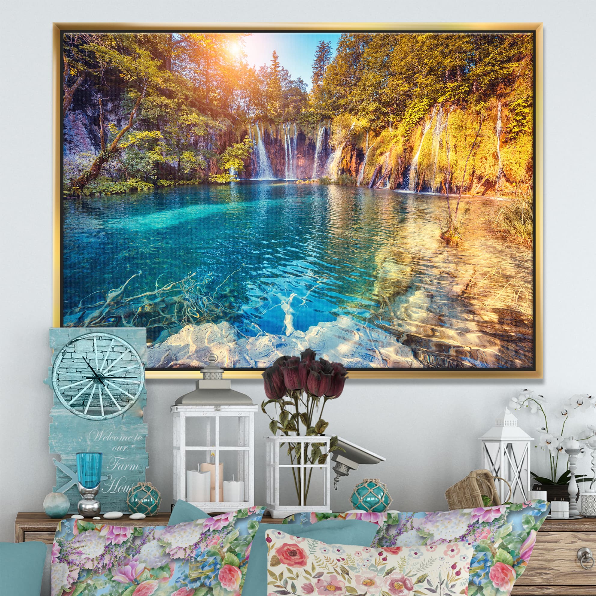 Designart - Turquoise Water and Sunny Beams - Landscape Photography Framed Canvas Print