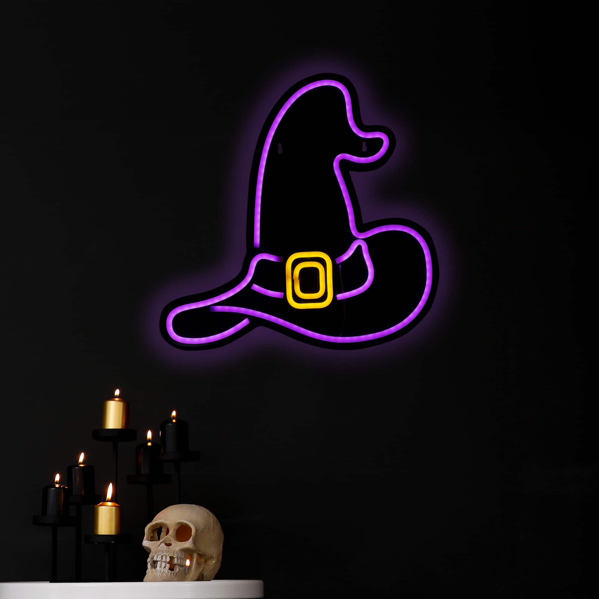 15" Purple LED Neon Style Witch Hat Halloween Window Silhouette