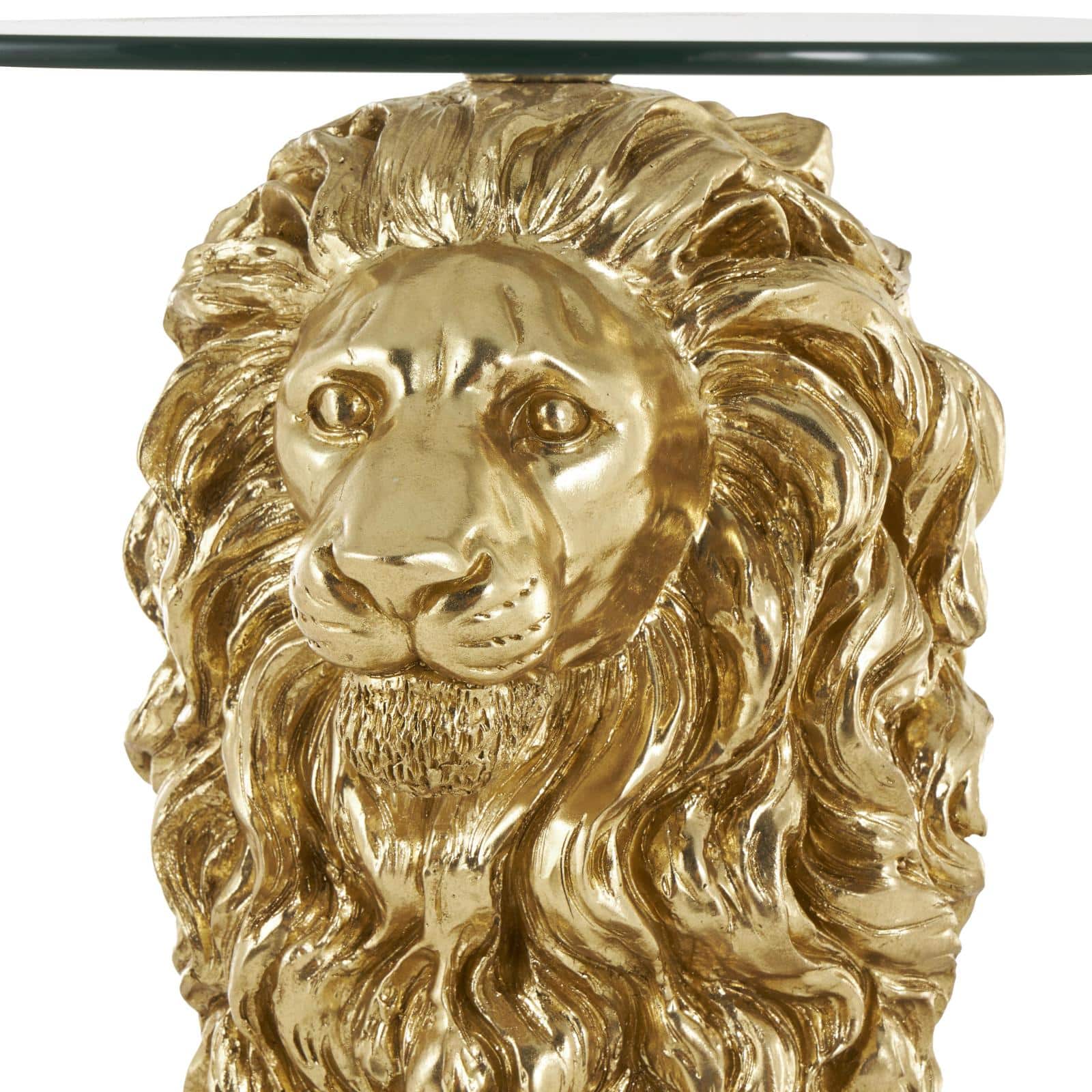 24" x 27" Gold Resin Lion Sitting Accent Table with Glass Tabletop