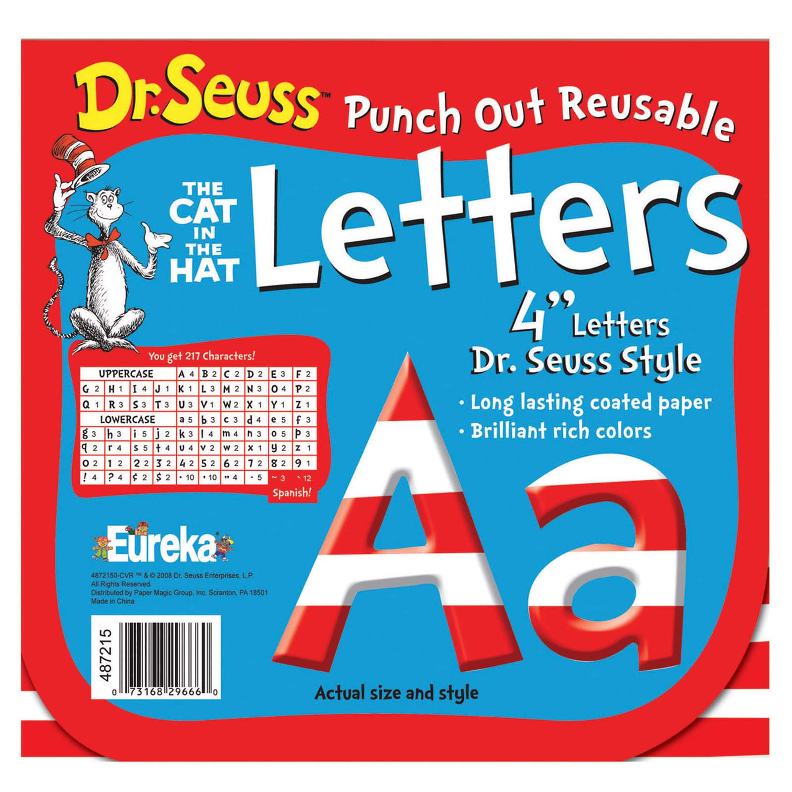 Eureka® Dr. Seuss™ Stripes Reusable Punch Out Deco Letters, 4", 3 Packs of 217 Pieces Per Pack.
