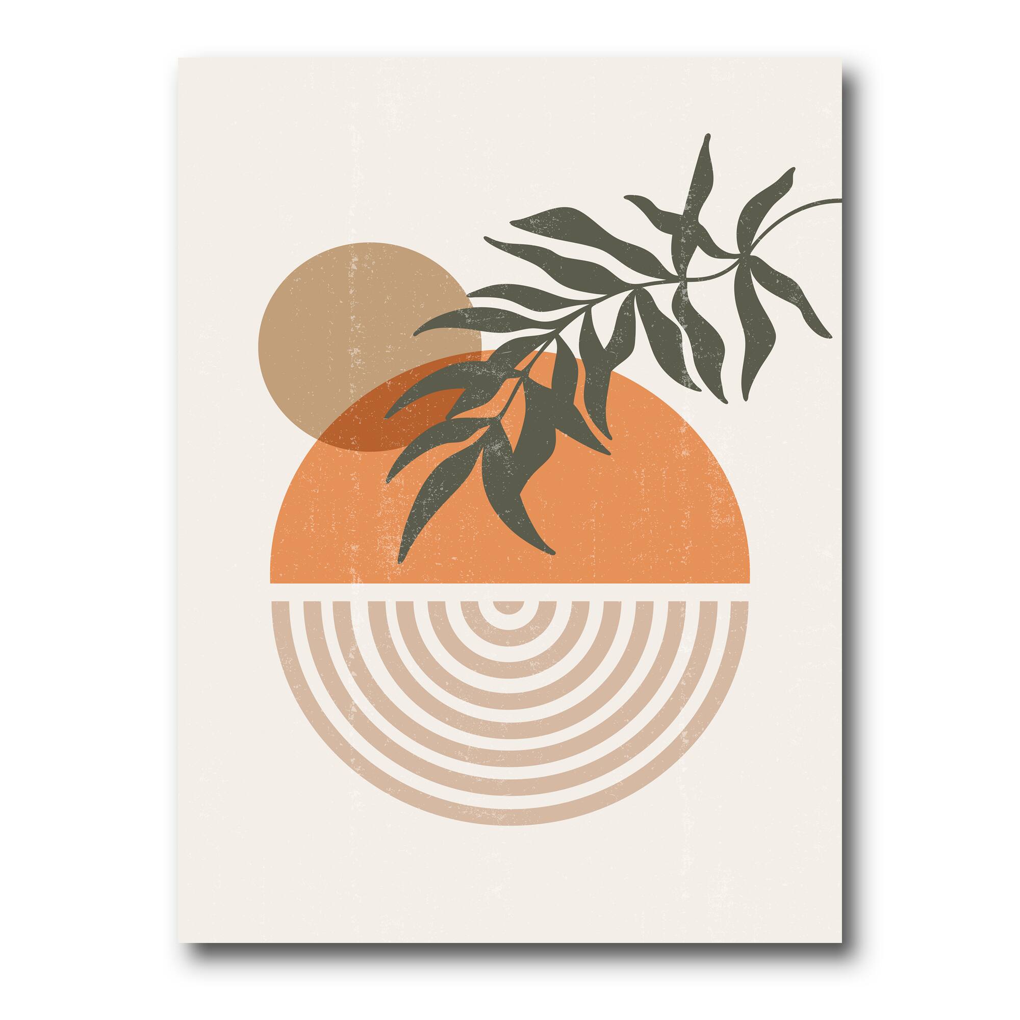 Designart - Abstract Geometrical Sun and Moon With Leaf I - Modern Canvas Wall Art Print