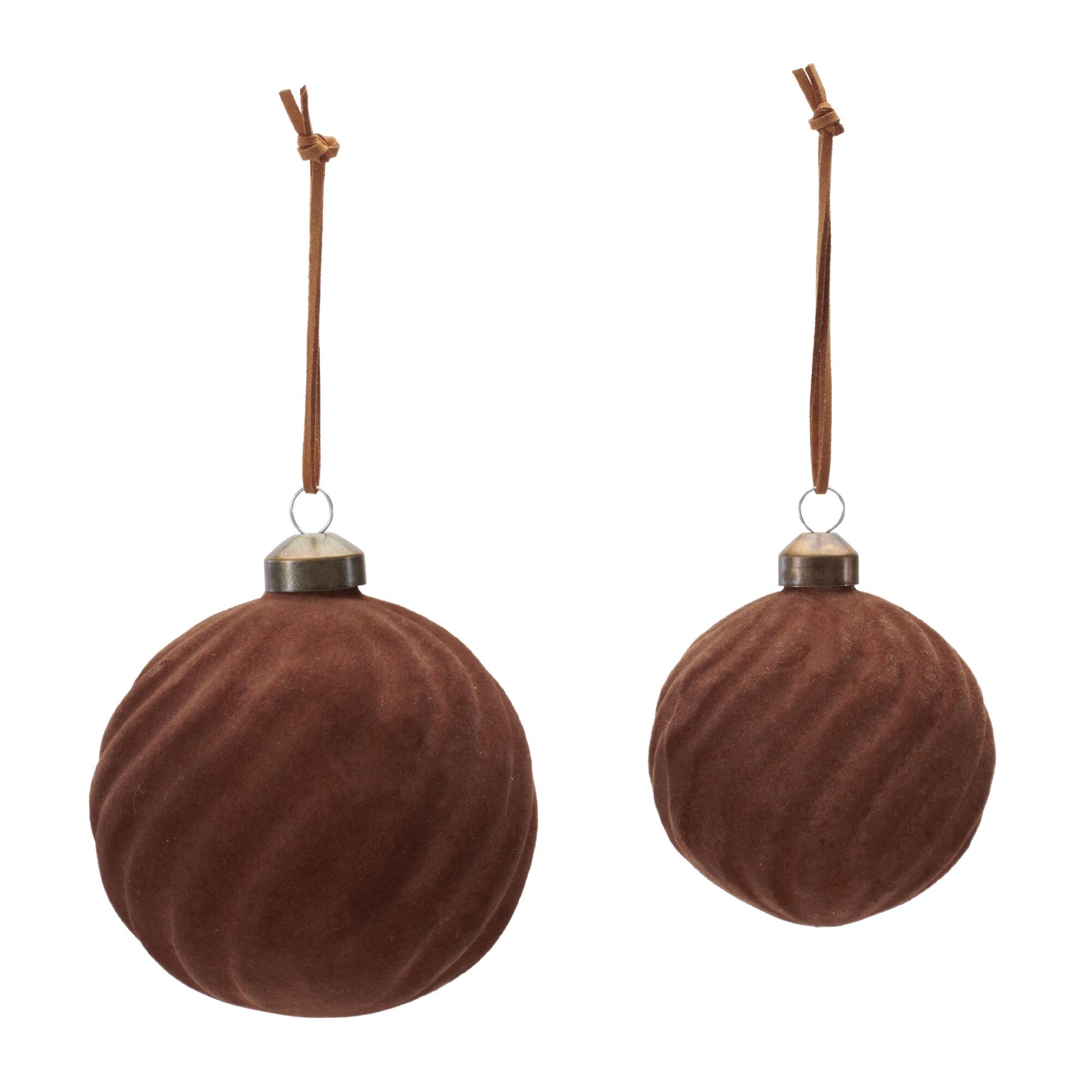Melrose Brown Flocked Ribbed Glass Ball Ornament Set