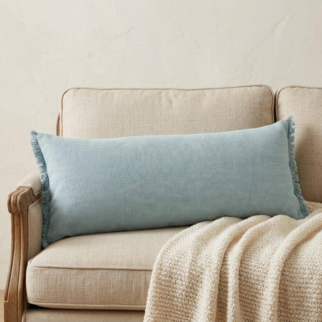 HomeRoots 14" x 36" Light Blue Cotton Lumbar Fringe Throw Pillow