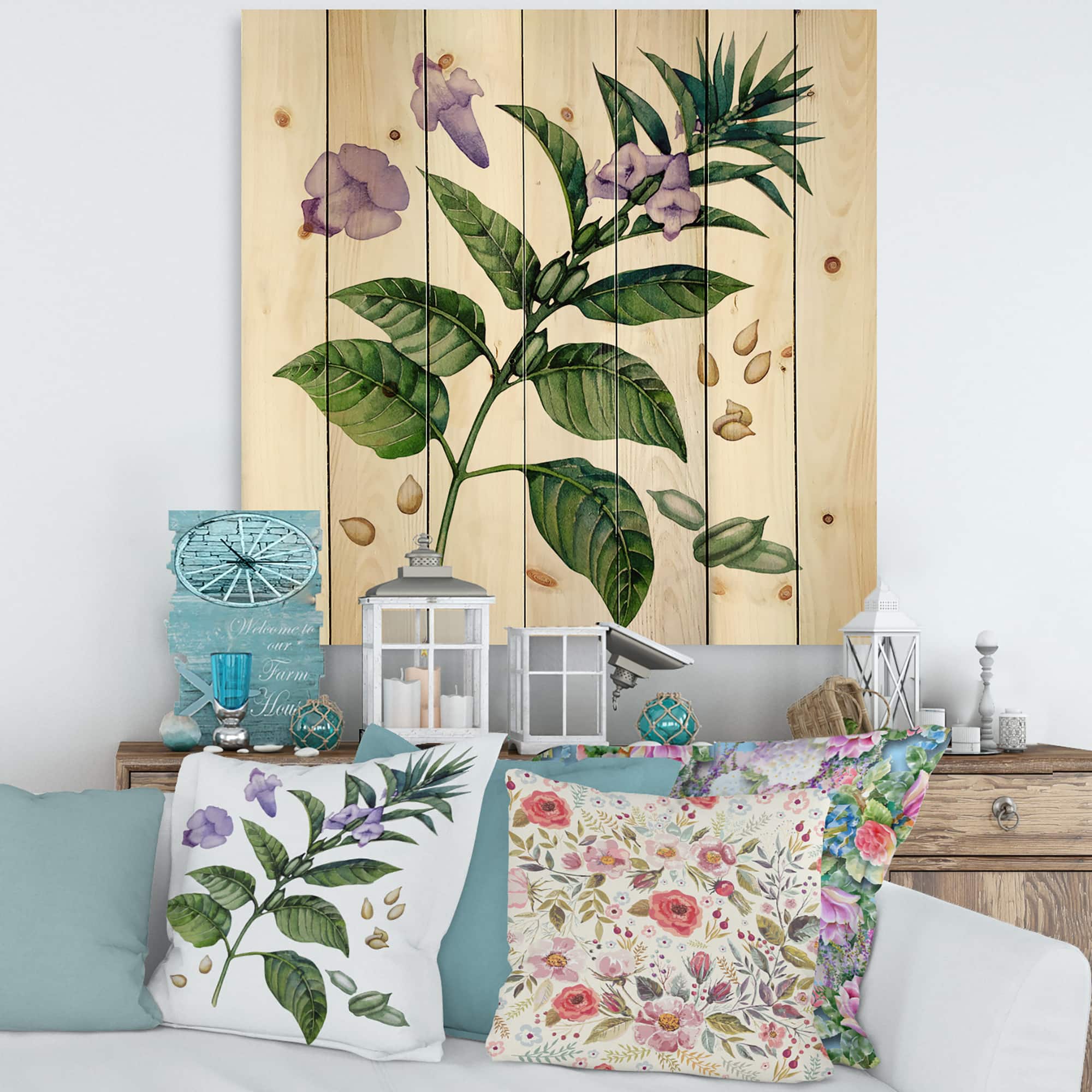 Designart - Purple Sesame Flowers WIth Green Leaves