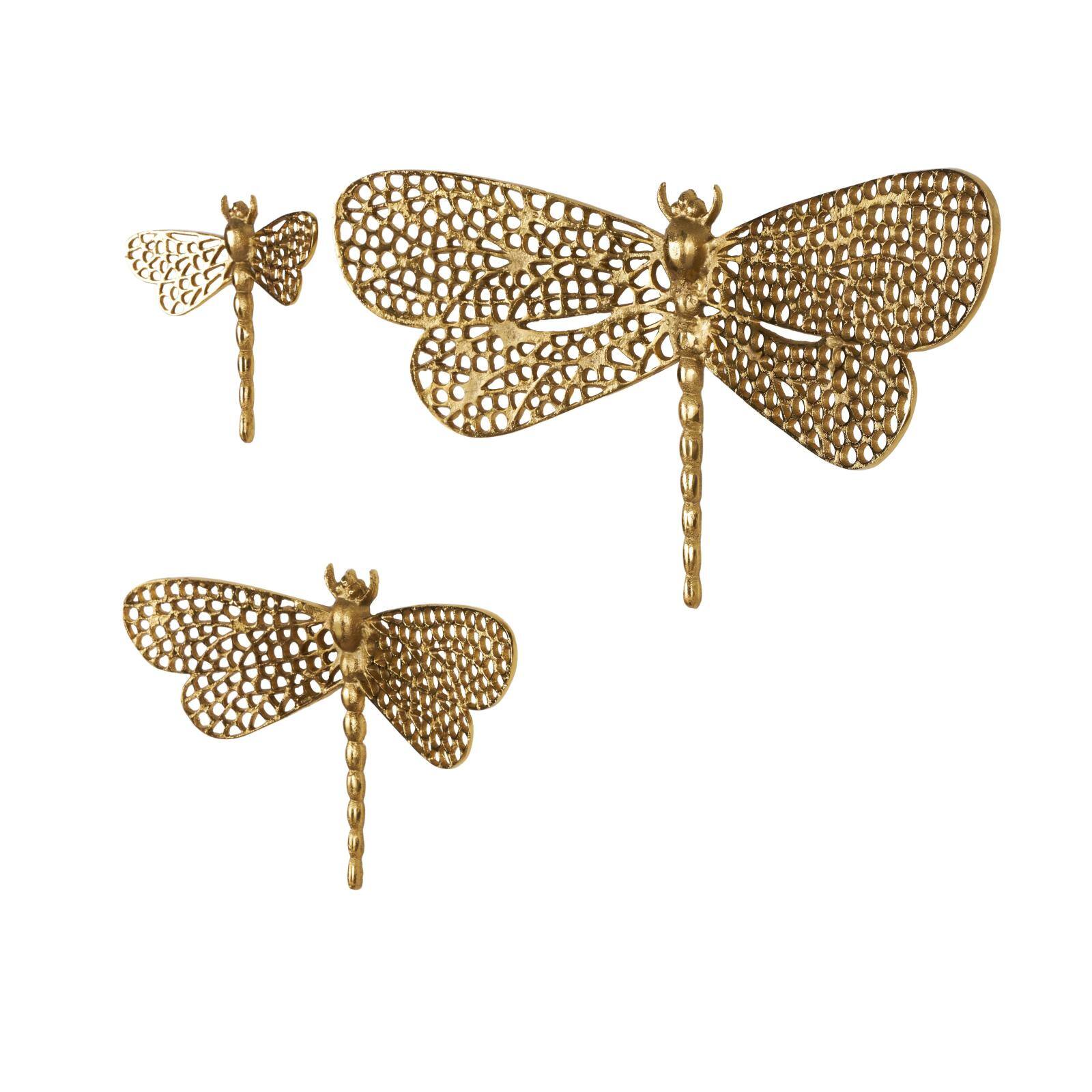 Gold Aluminum Dragonfly Wall Decor with Spotted Cutout Wings, Set of 3