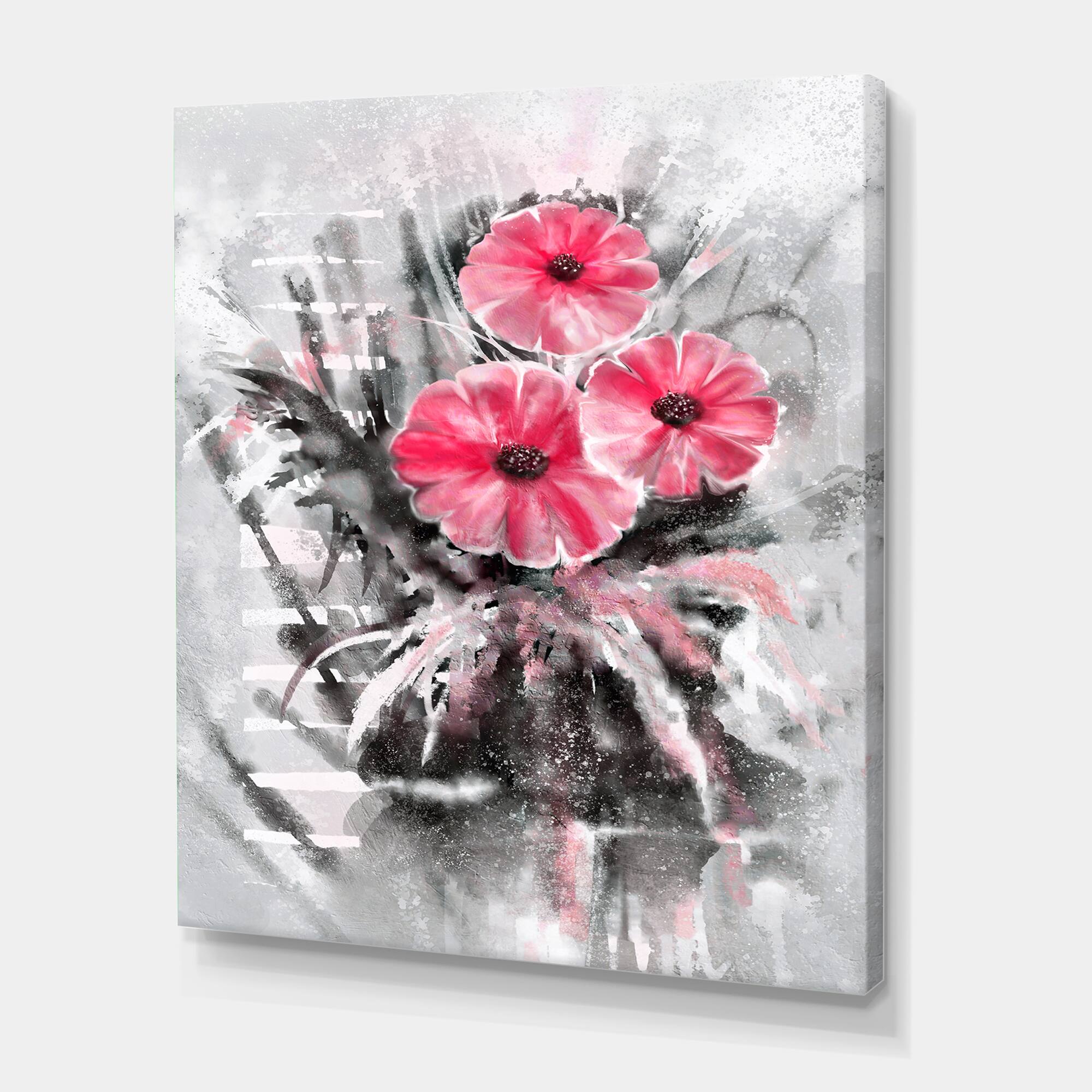 Designart - Abstract Red Flowers On Gray - Traditional Canvas Wall Art Print