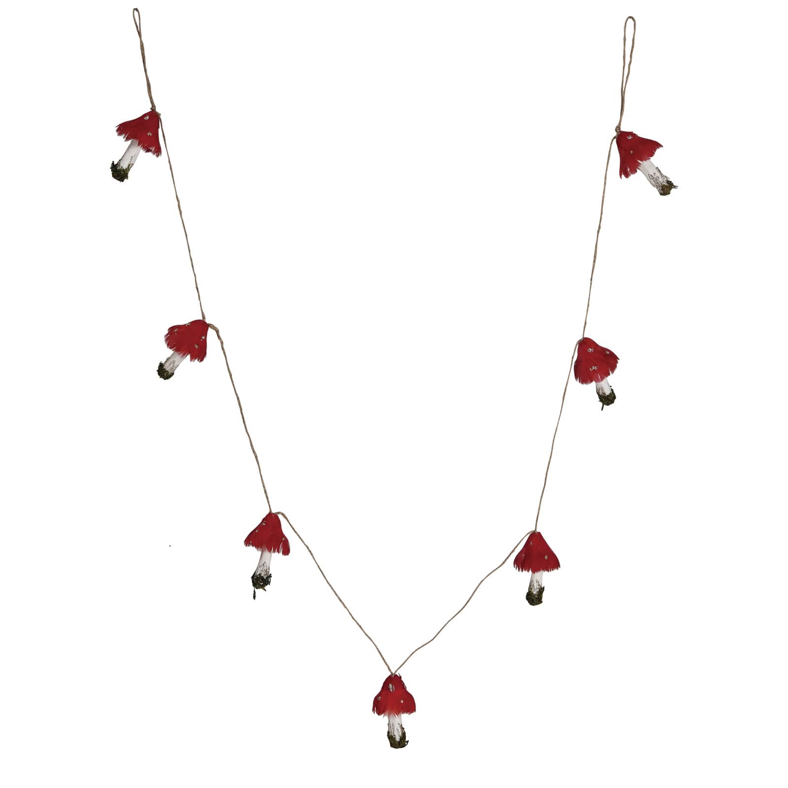 Hello Honey 6ft. Pink, White & Green Feather & Foam Mushroom Garland with Gold Glitter & Faux Moss