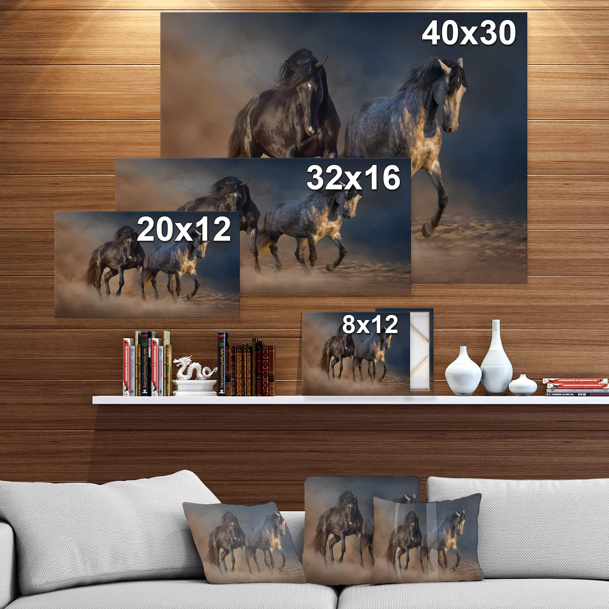 Designart - Black and white horse run - Animals photographyPrint on Wrapped Canvas