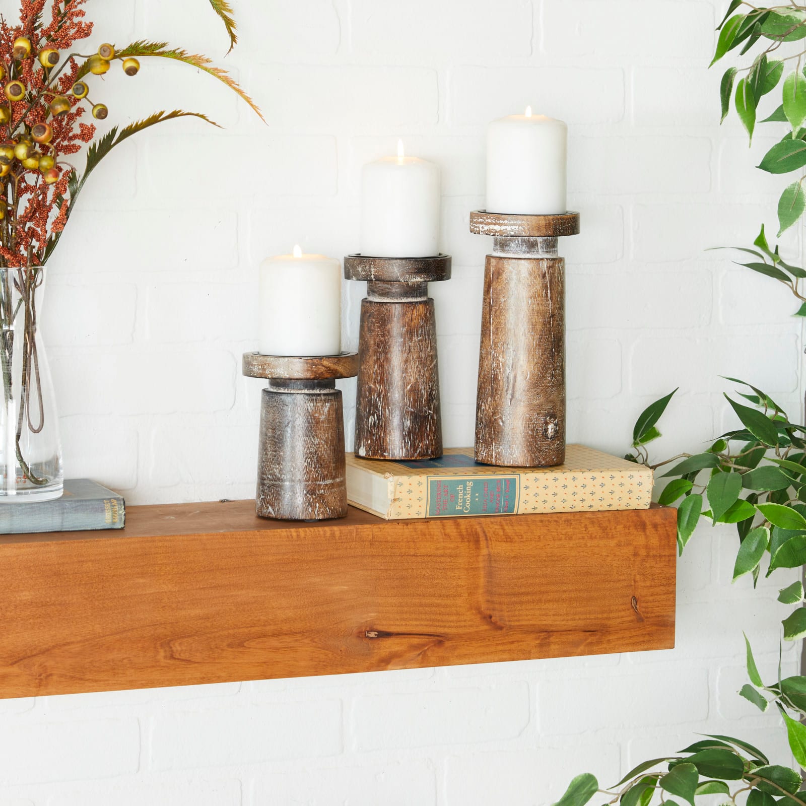 Brown Mango Wood Natural Candle Holder Set