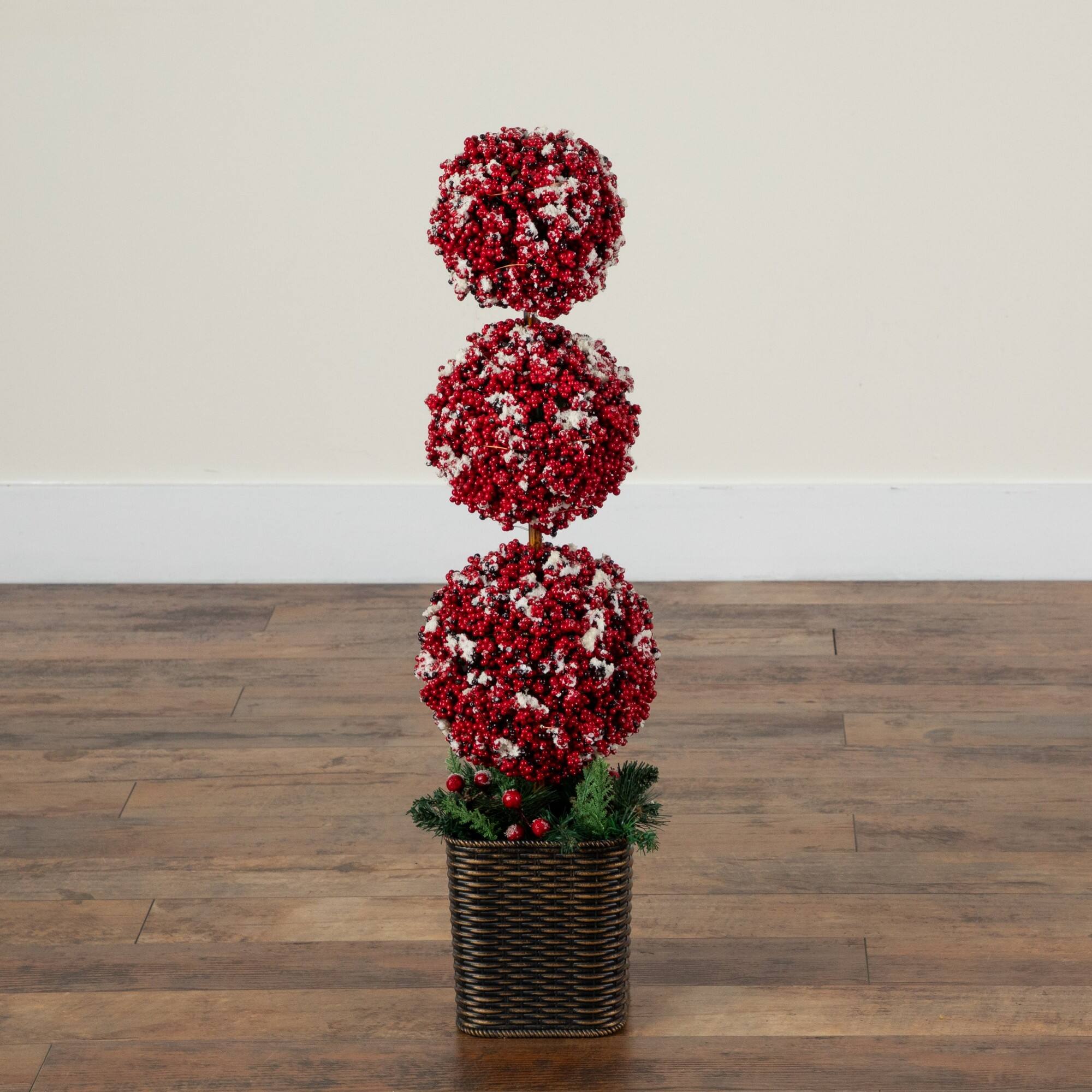 Nearly Natural 31" Artificial Christmas Snowed Holly Berry Triple Ball Topiary Tree in Decorative Planter