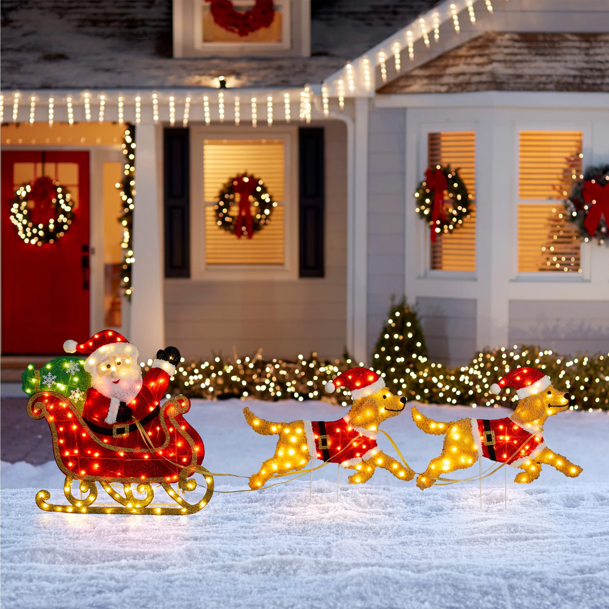 Glitzhome® 90.5"L Lighted Christmas 2D Fabric Dog with Santa Sleigh Outdoor Decor