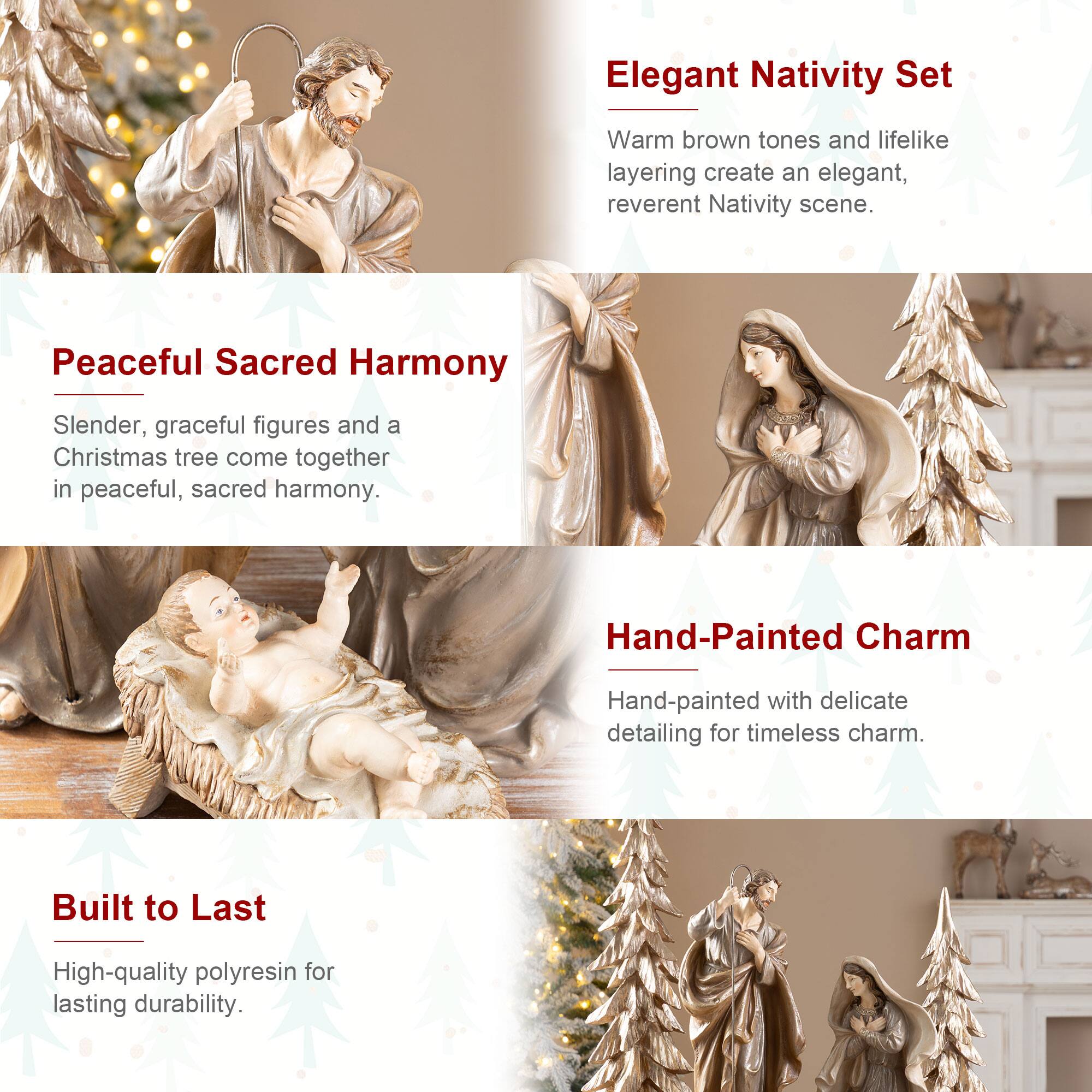 Glitzhome® 5-Piece Brown Resin Holy Family & Christmas Trees Figurine Set