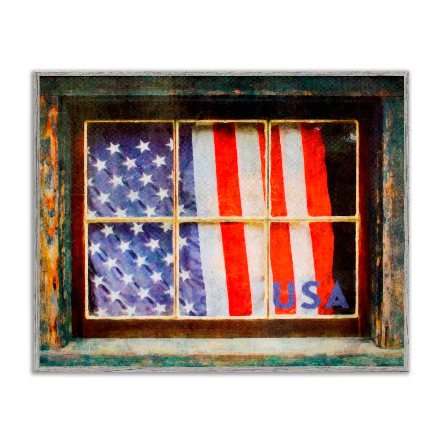 Stupell Industries Patriotic American Flag Rustic Window Festive Home Framed Giclee Art