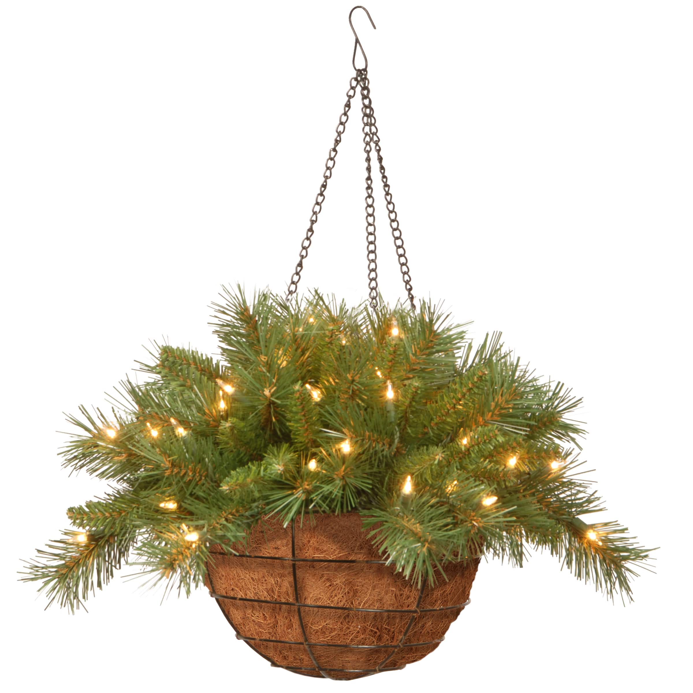 20" Tiffany Fir Hanging Basket With Warm White LED Battery Lights