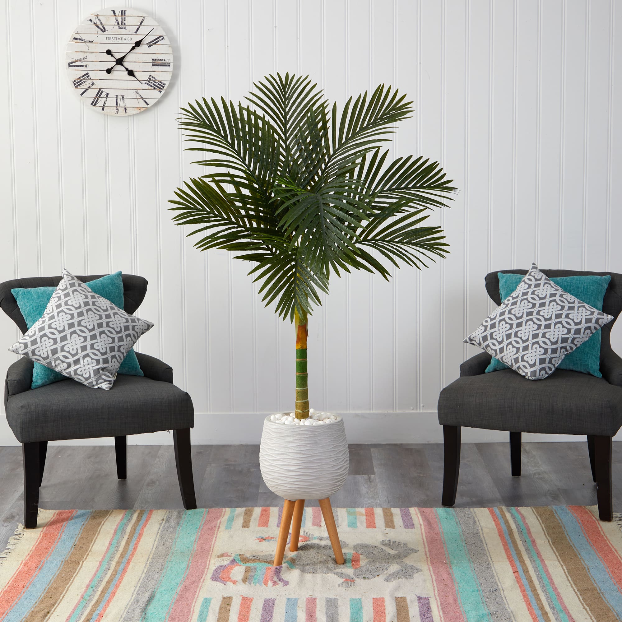 5ft. Golden Cane Artificial Palm Tree in White Planter with Stand