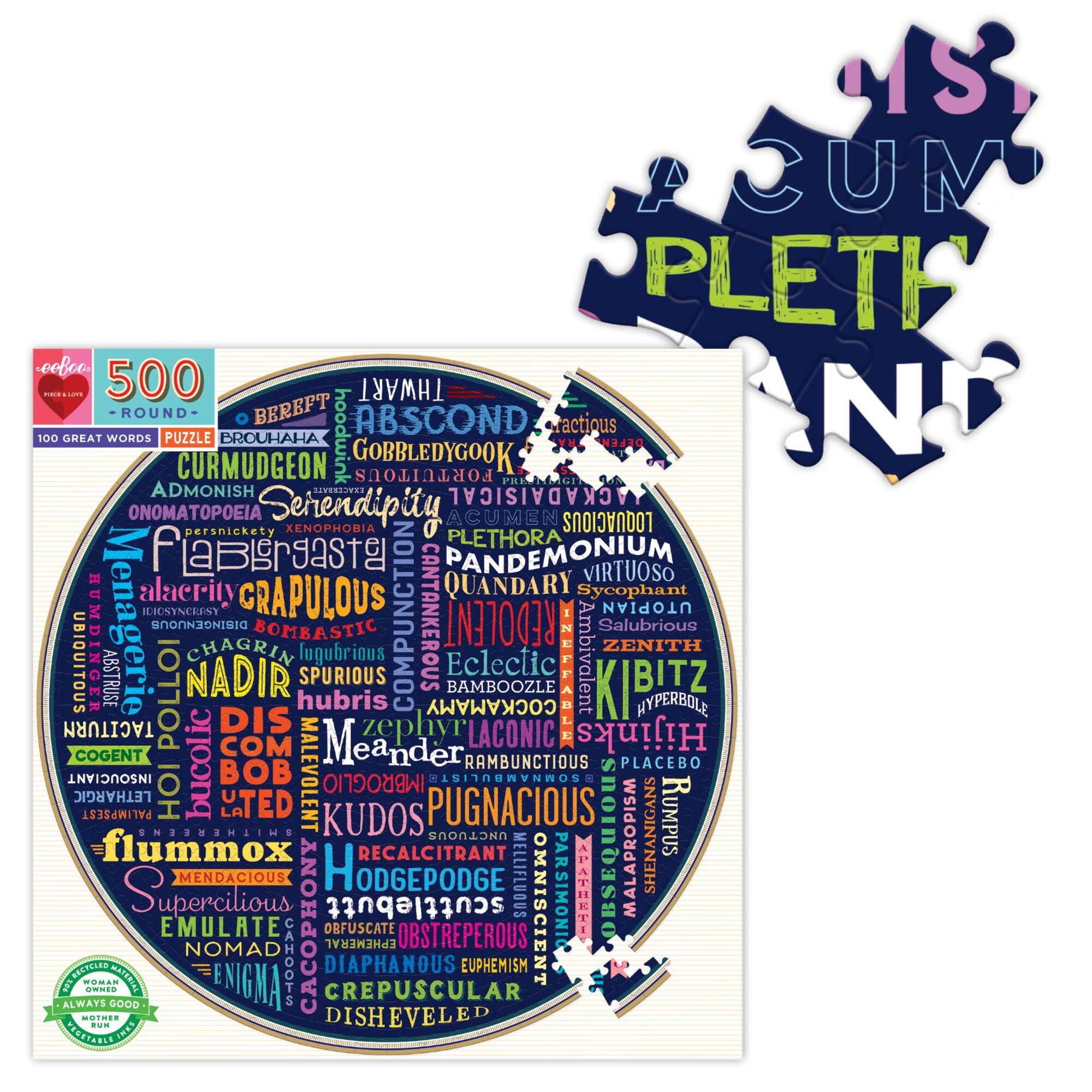 eeBoo Piece & Love "100 Great Words" 500 Piece Round Jigsaw Puzzle