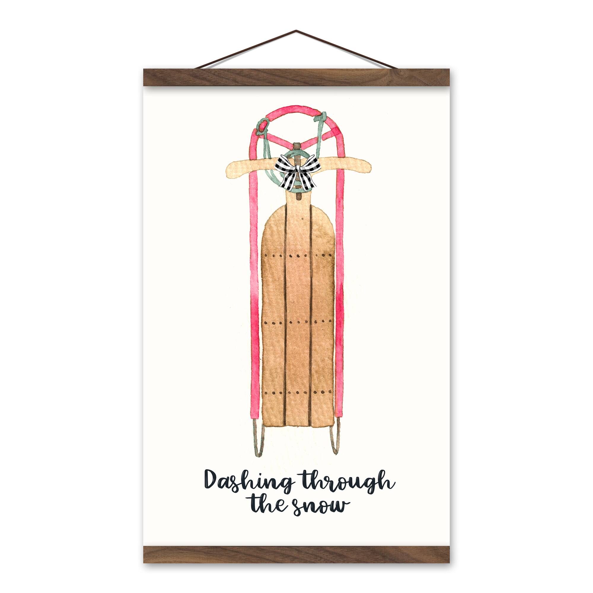 Dashing Snow Sled 12x18 Teak Hanging Canvas