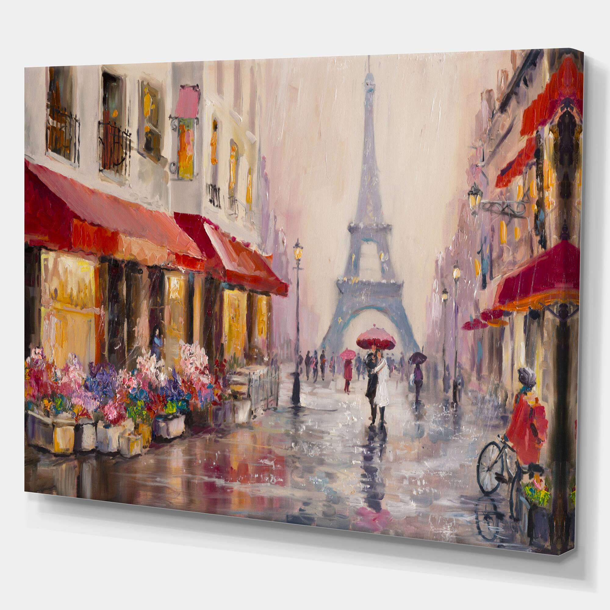 Designart - Lovers in Paris Eiffel Tower - Cityscapes Painting Print on Wrapped Canvas