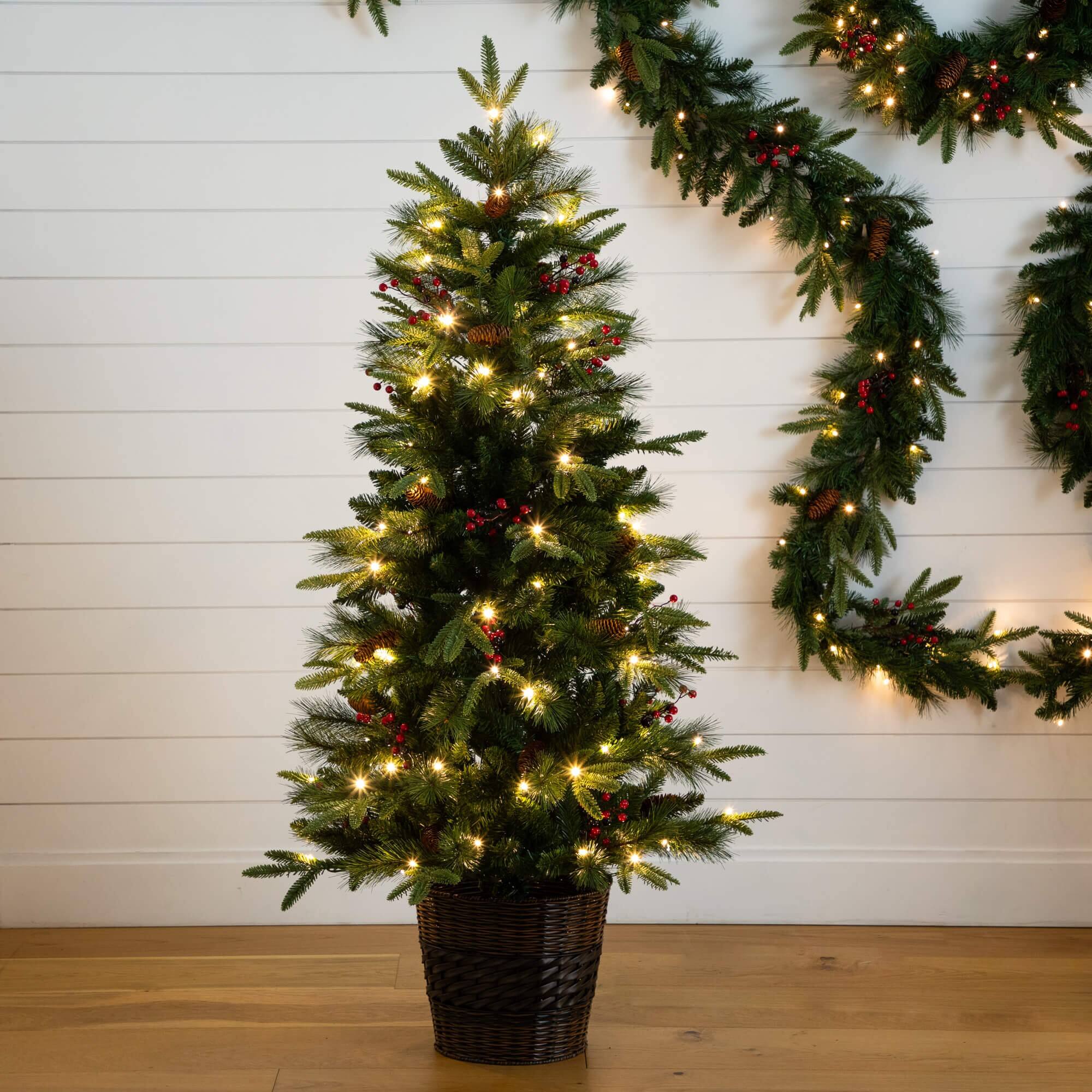 5 Piece Pre-Lit Norfolk Pine Artificial Tree, Garland and Wreath Set with Warm White LED Lights and Decorative Pots