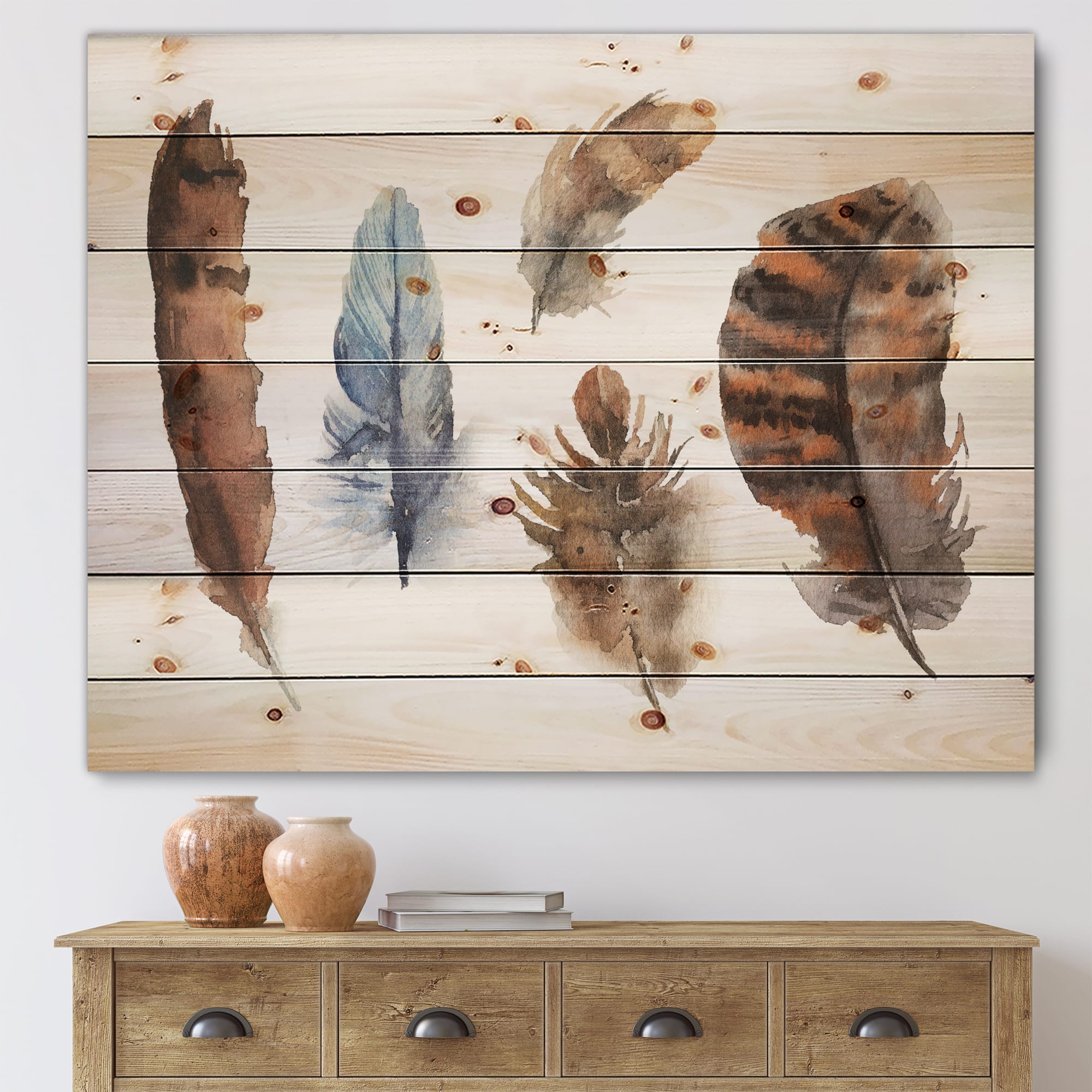 Designart - Ethnic Boho Feathers In Earth Tones - Bohemian & Eclectic Print on Natural Pine Wood