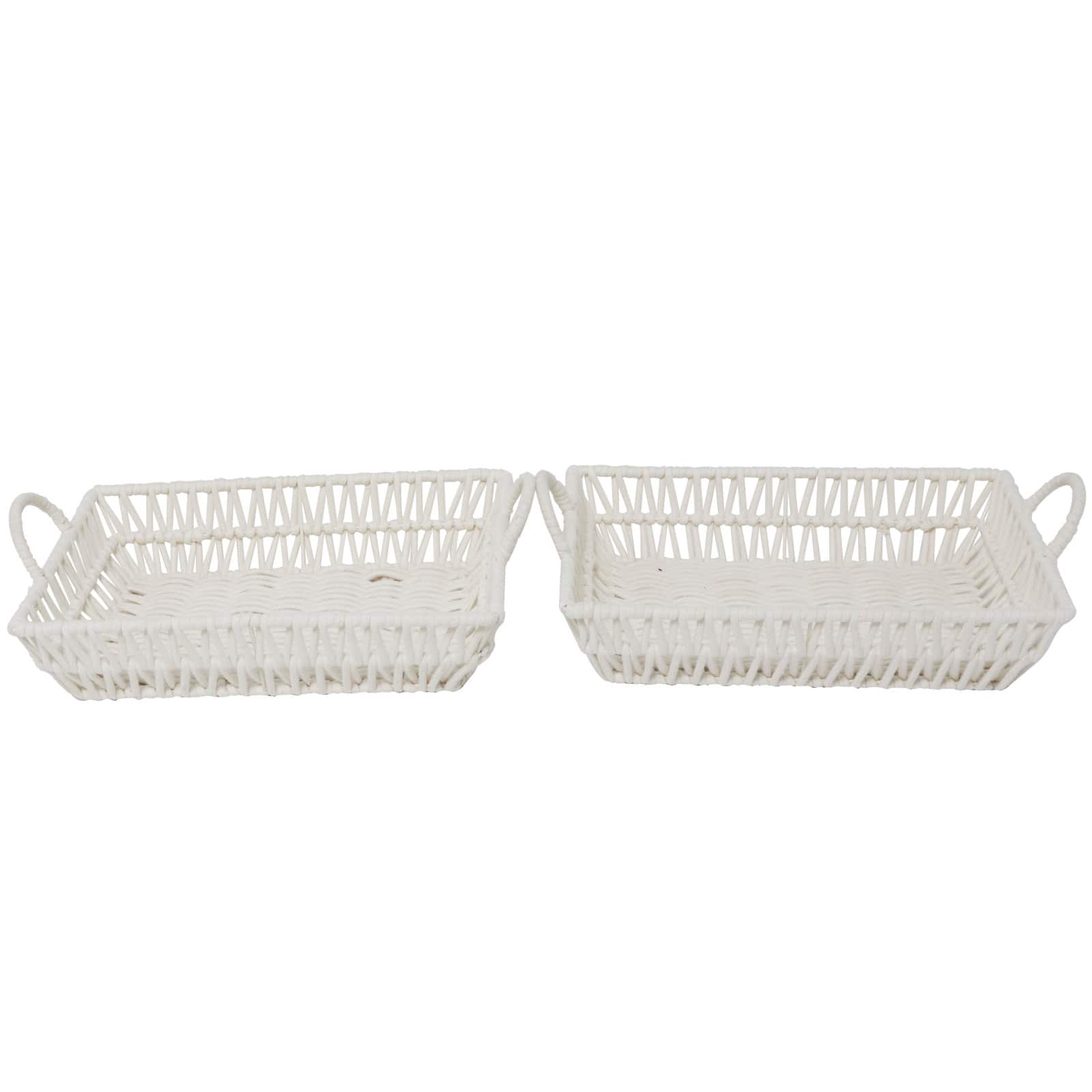 White Cotton Handmade Woven Storage Basket with Handles Set of 2 19", 18"
