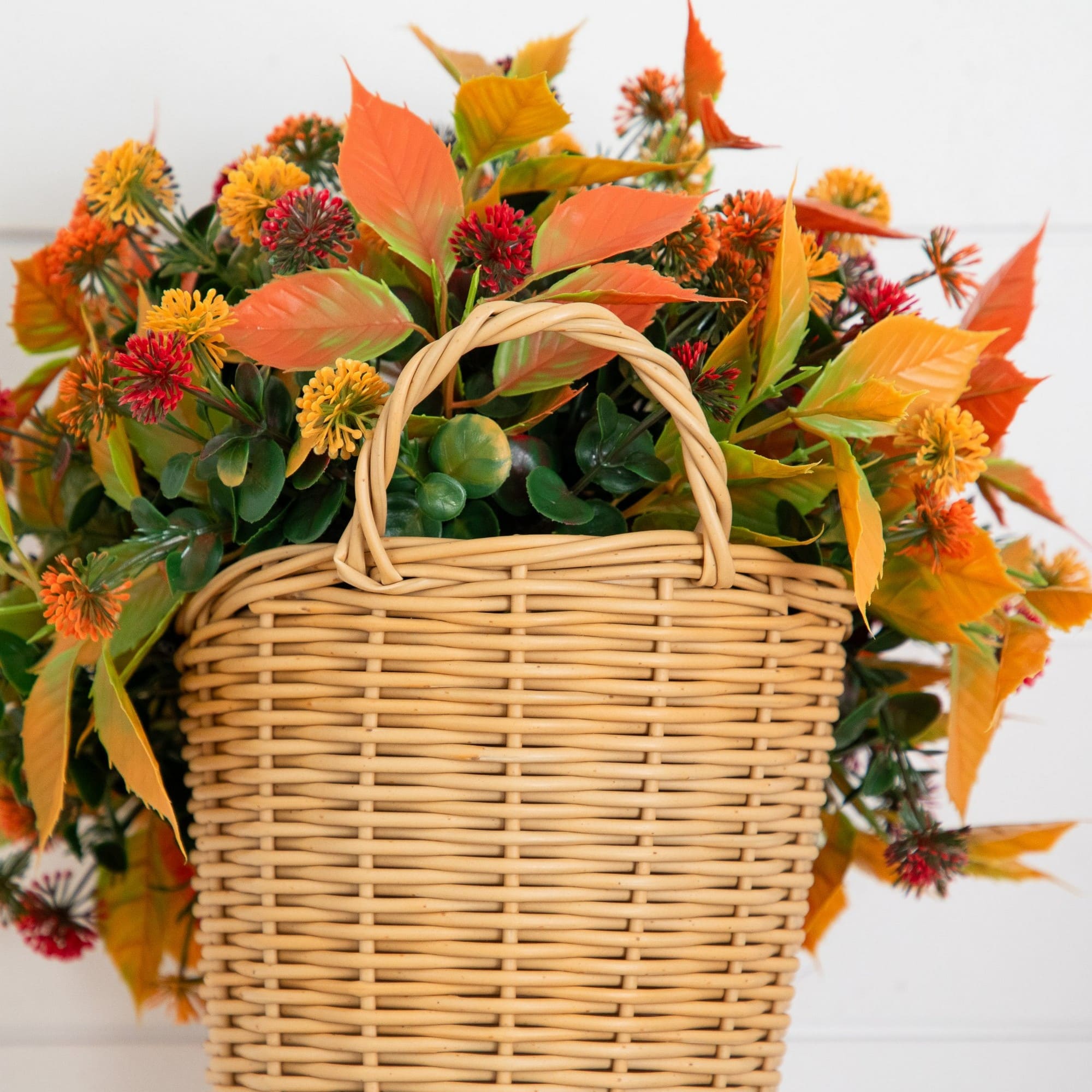 14" UV Resistant Autumn Artificial Mixed Fall Mum in Wicker Basket