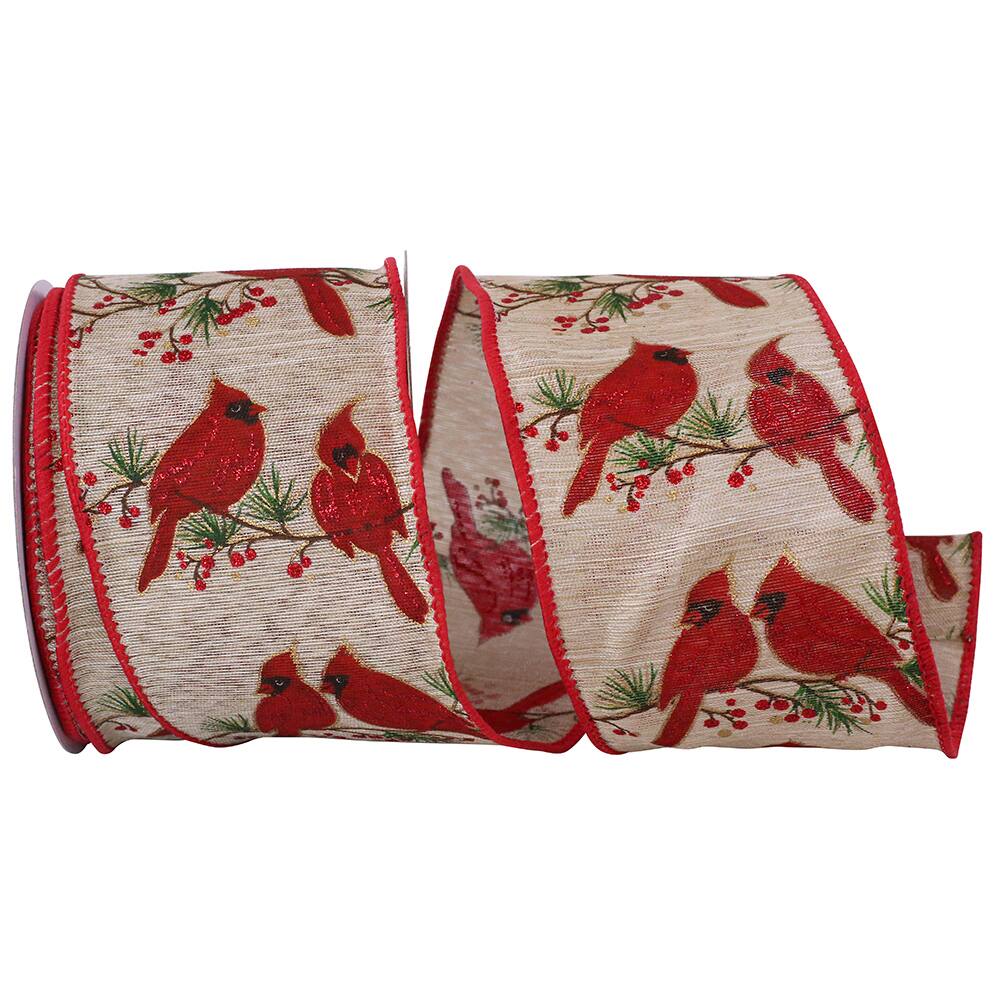 JAM Paper 2.5" x 10yd. Red Cardinals Wood Grain Natural Wired Ribbon