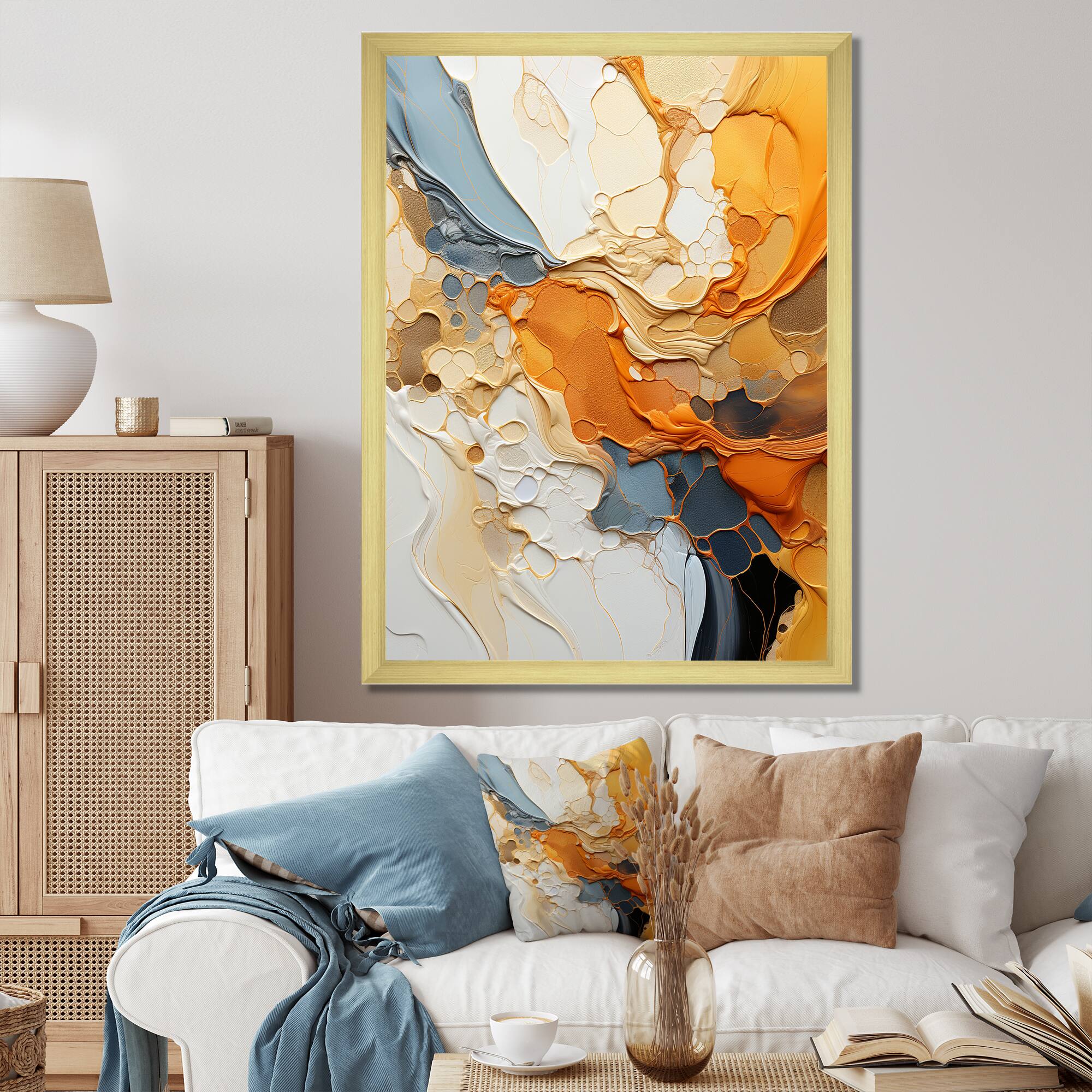 Designart "Orange Blue Line Art Abstract Expressionism" Line Art Framed Wall Decor