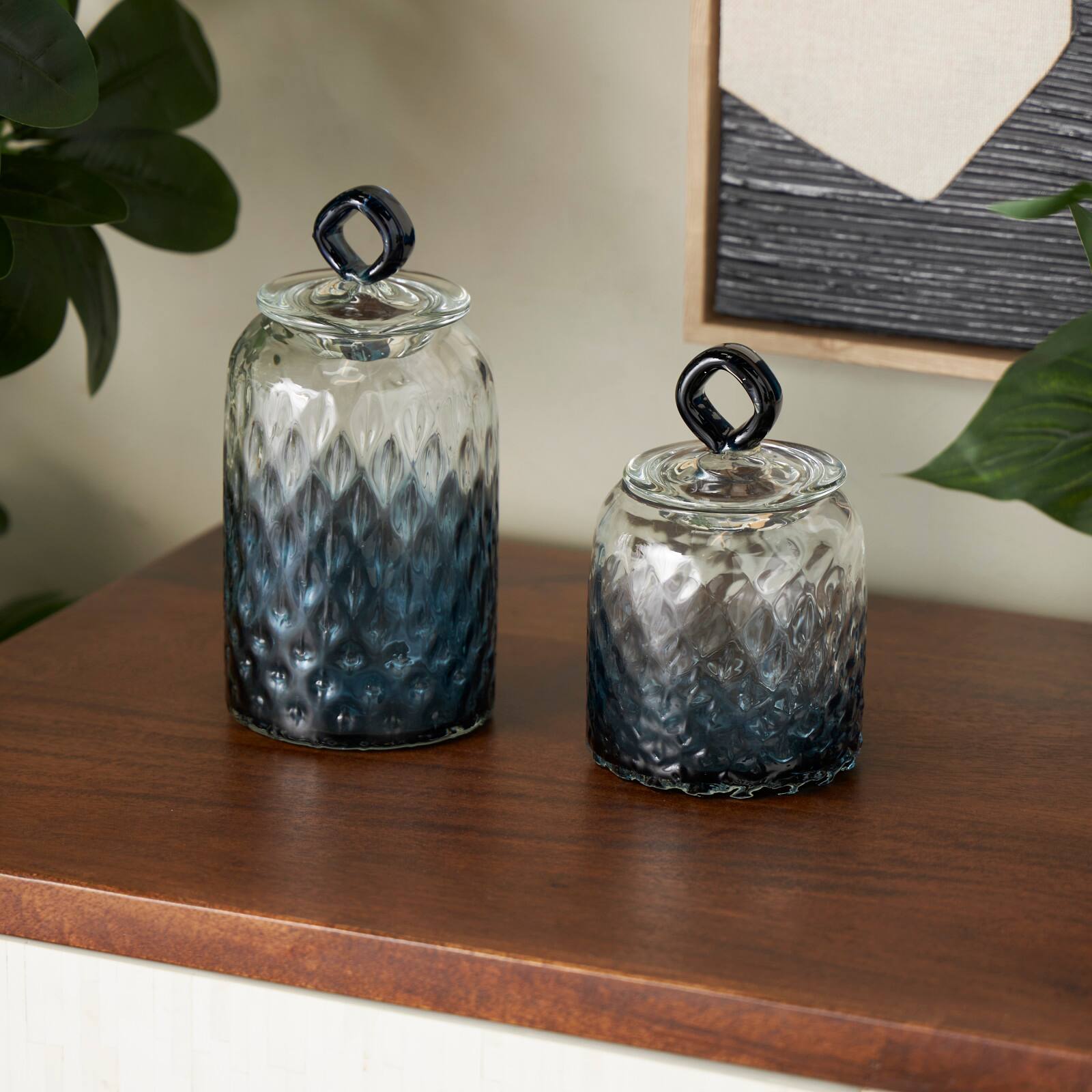 Glass Geometric Faceted Ombre Decorative Jars with Diamond Knobs