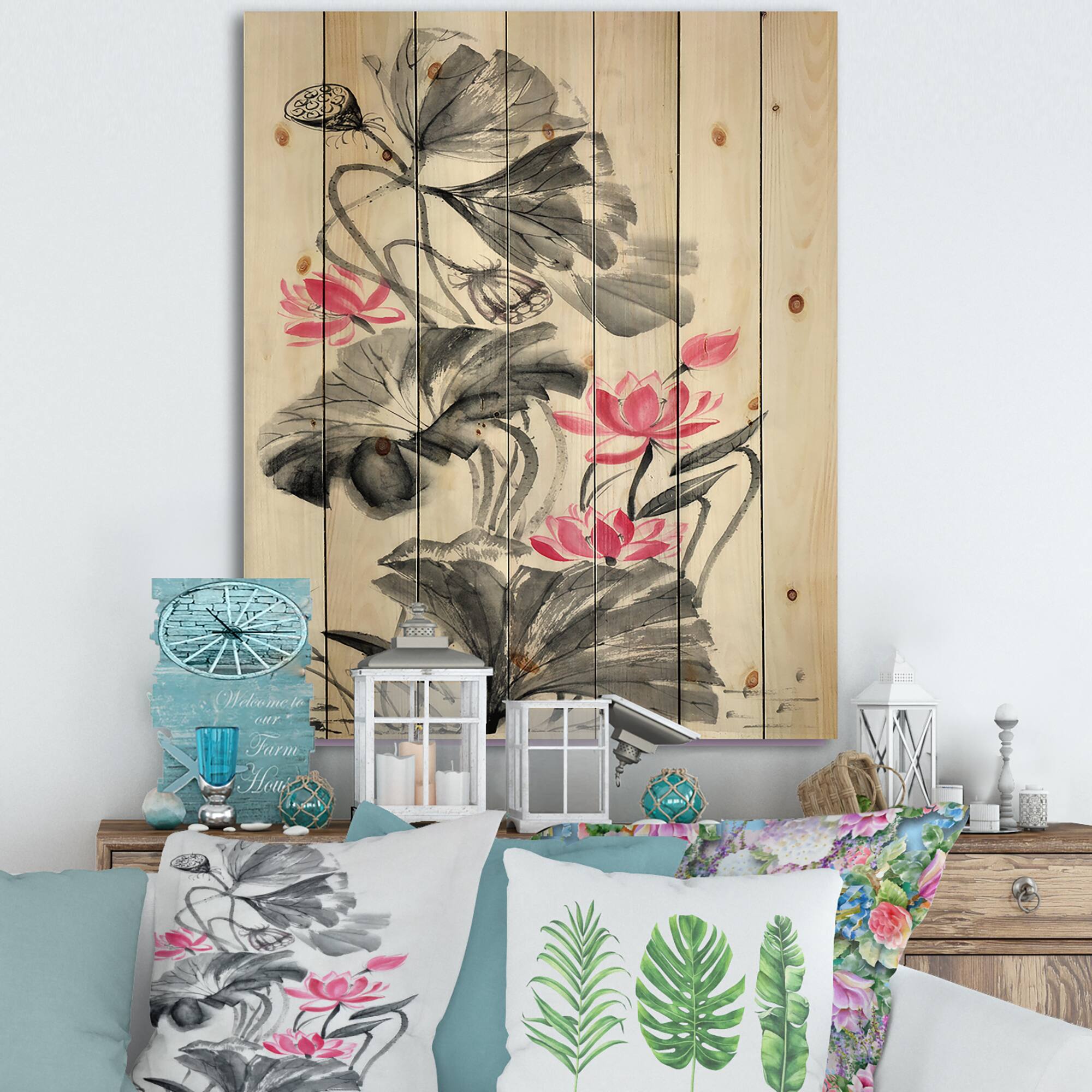 Designart - Pink Vintage Lotus Flower - Traditional Print on Natural Pine Wood