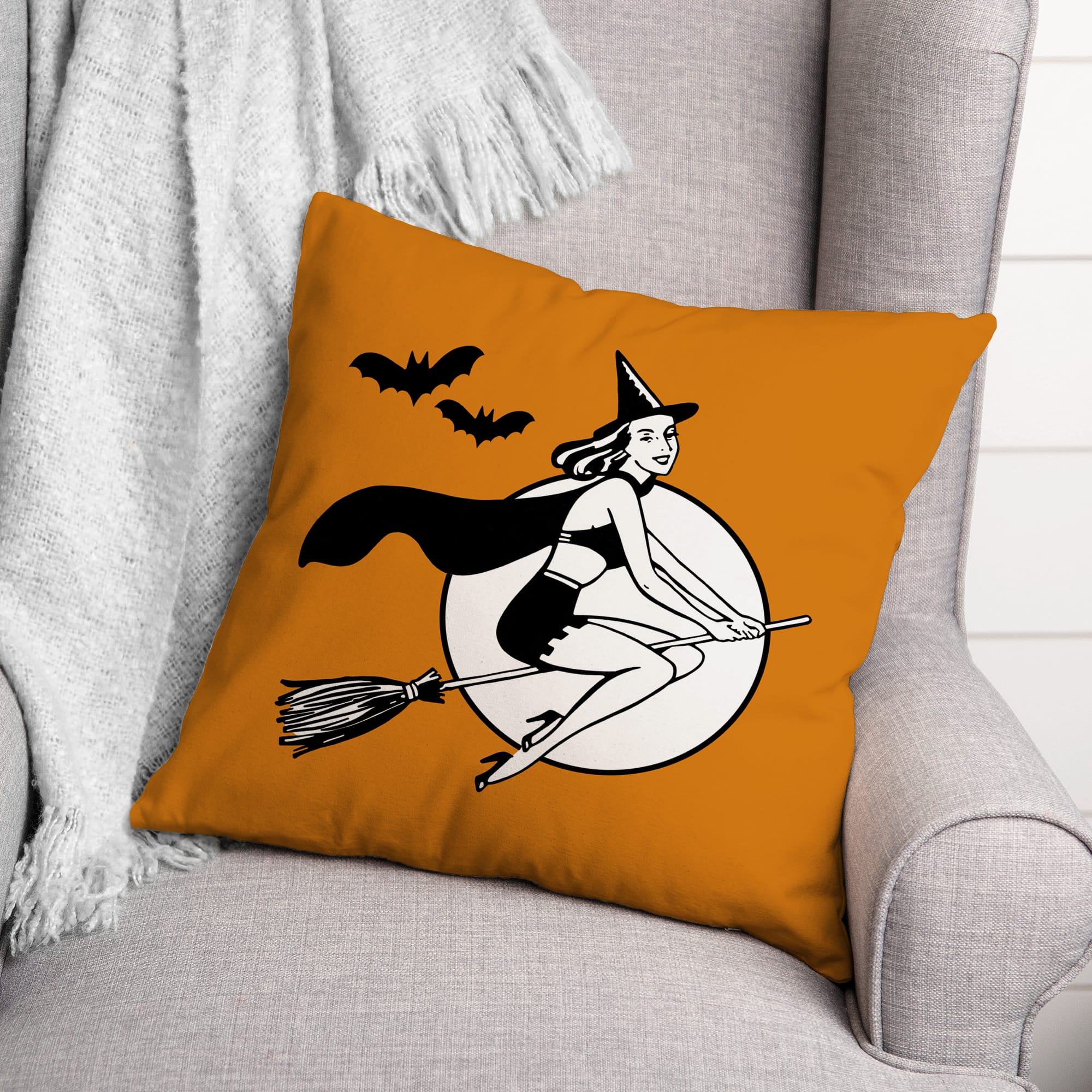 Retro Witch on Orange Spun Poly Throw Pillow