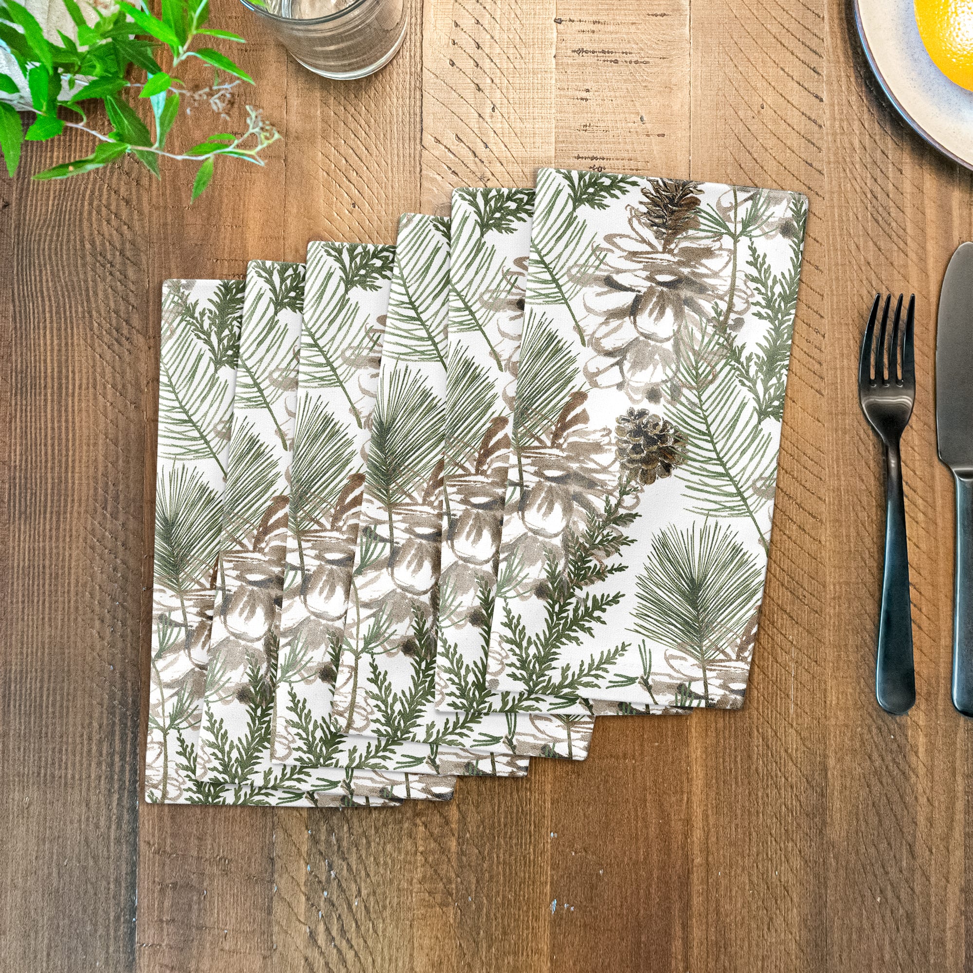 Pine Cones & Greenery on White Cotton Twill Napkin