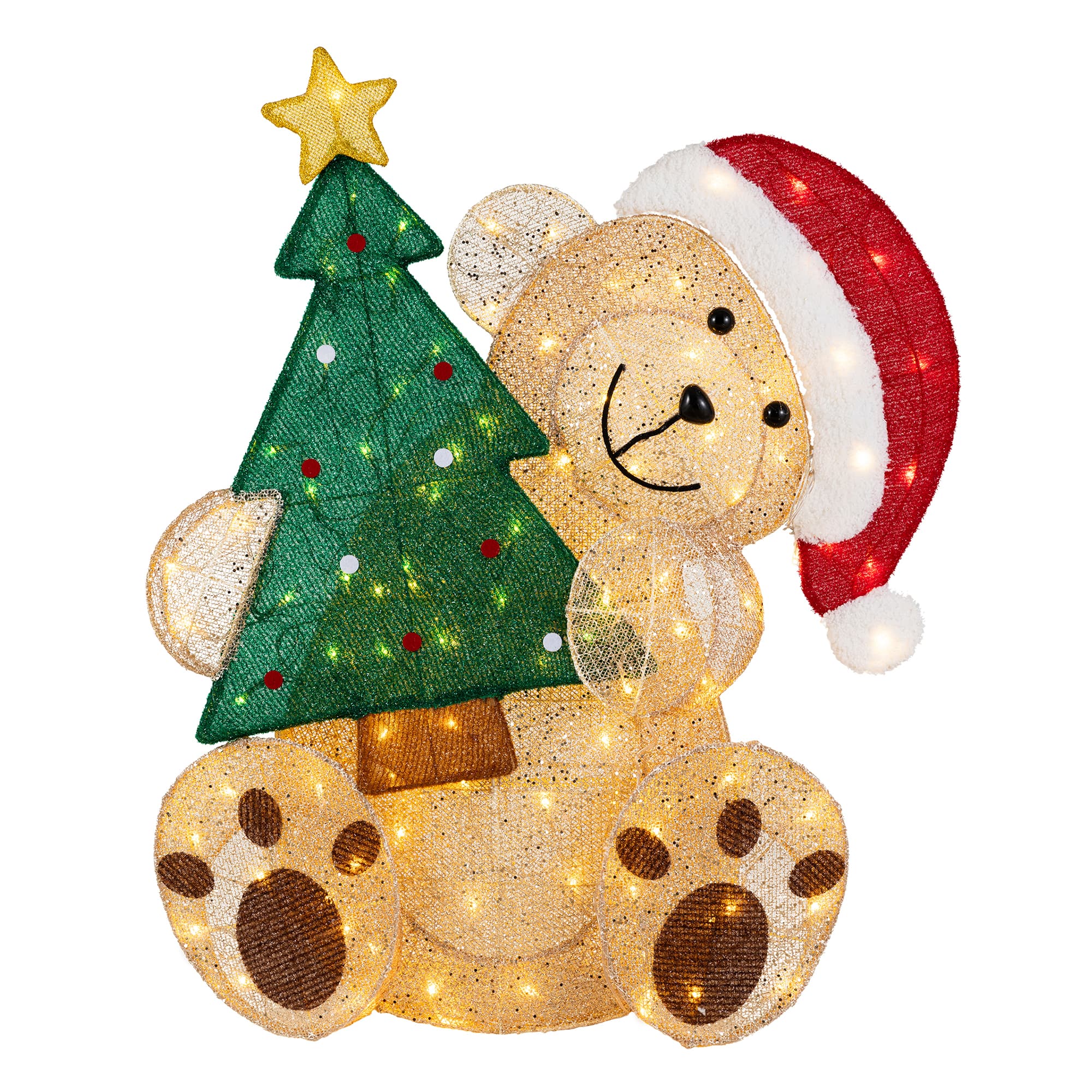 Glitzhome® 34.25" Christmas 3D Glittered Fabric Bear with Tree & 110 Warm White LED Lights