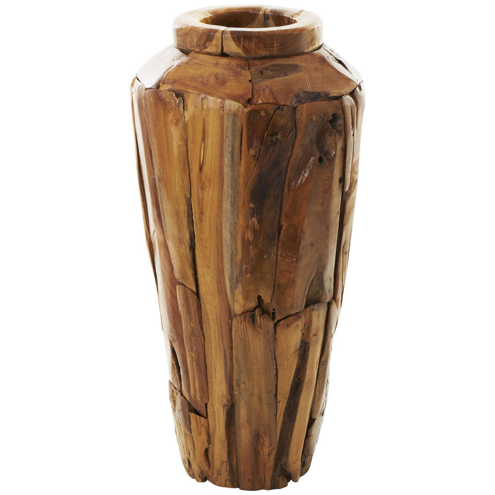 Brown Teak Wood Handmade Tall Floor Vase with Mosaic Live Edge