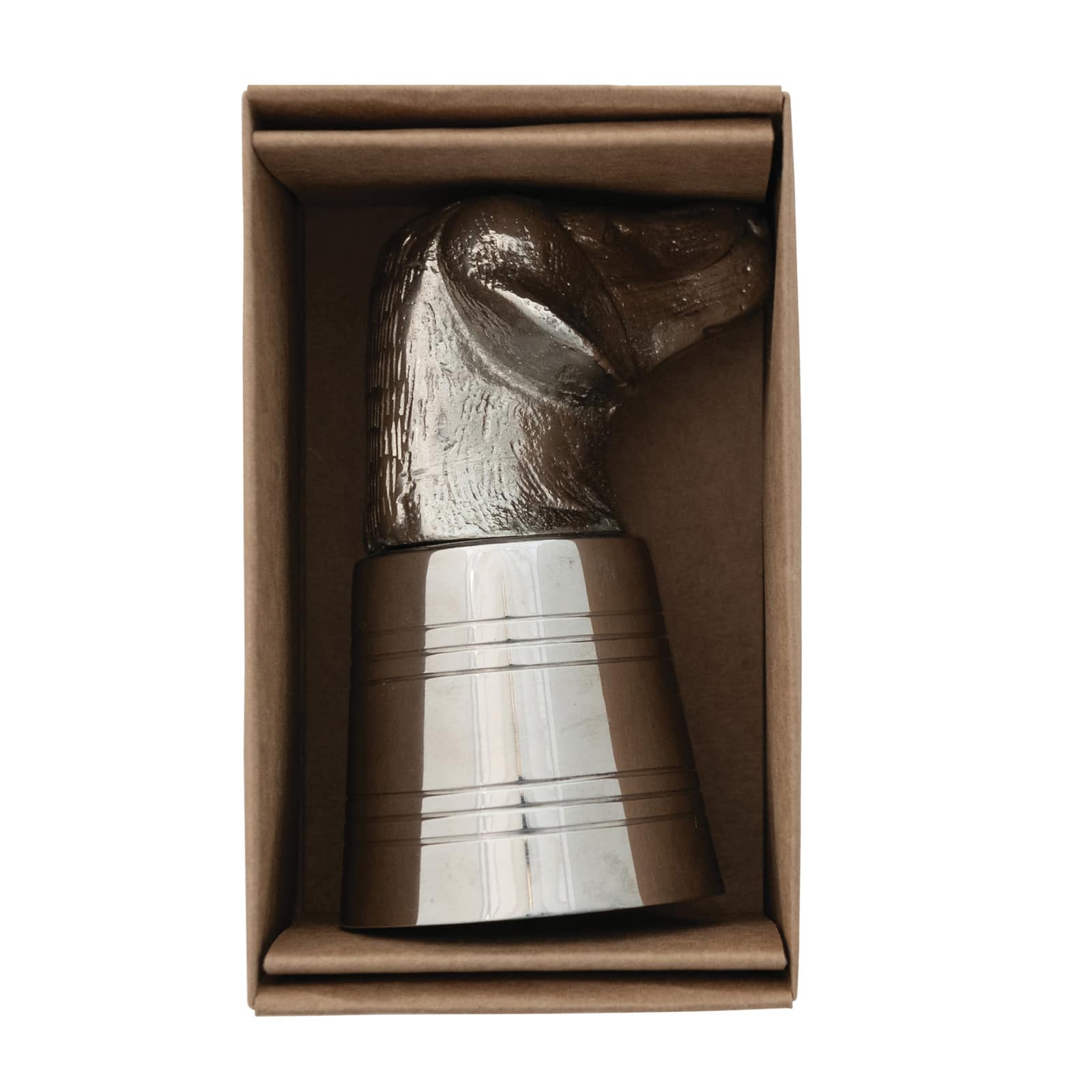 Hello Honey 2 oz. Cast Aluminum and Stainless Steel Dog Head Jigger in Kraft Box, Nickel Finish