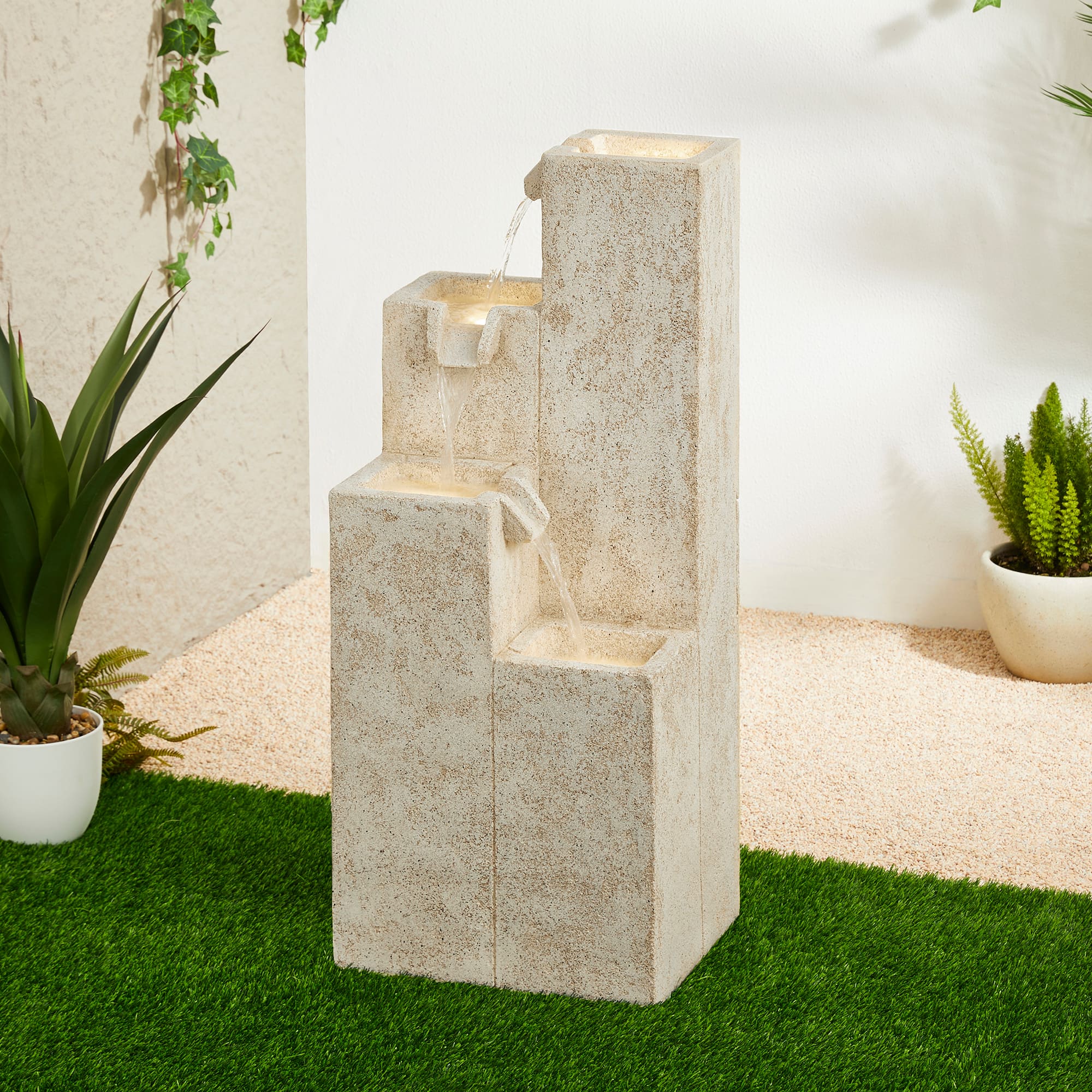 Glitzhome® 34" 4-Tier Faux Terrazzo Geometric Square Column Outdoor Fountain with LED Light