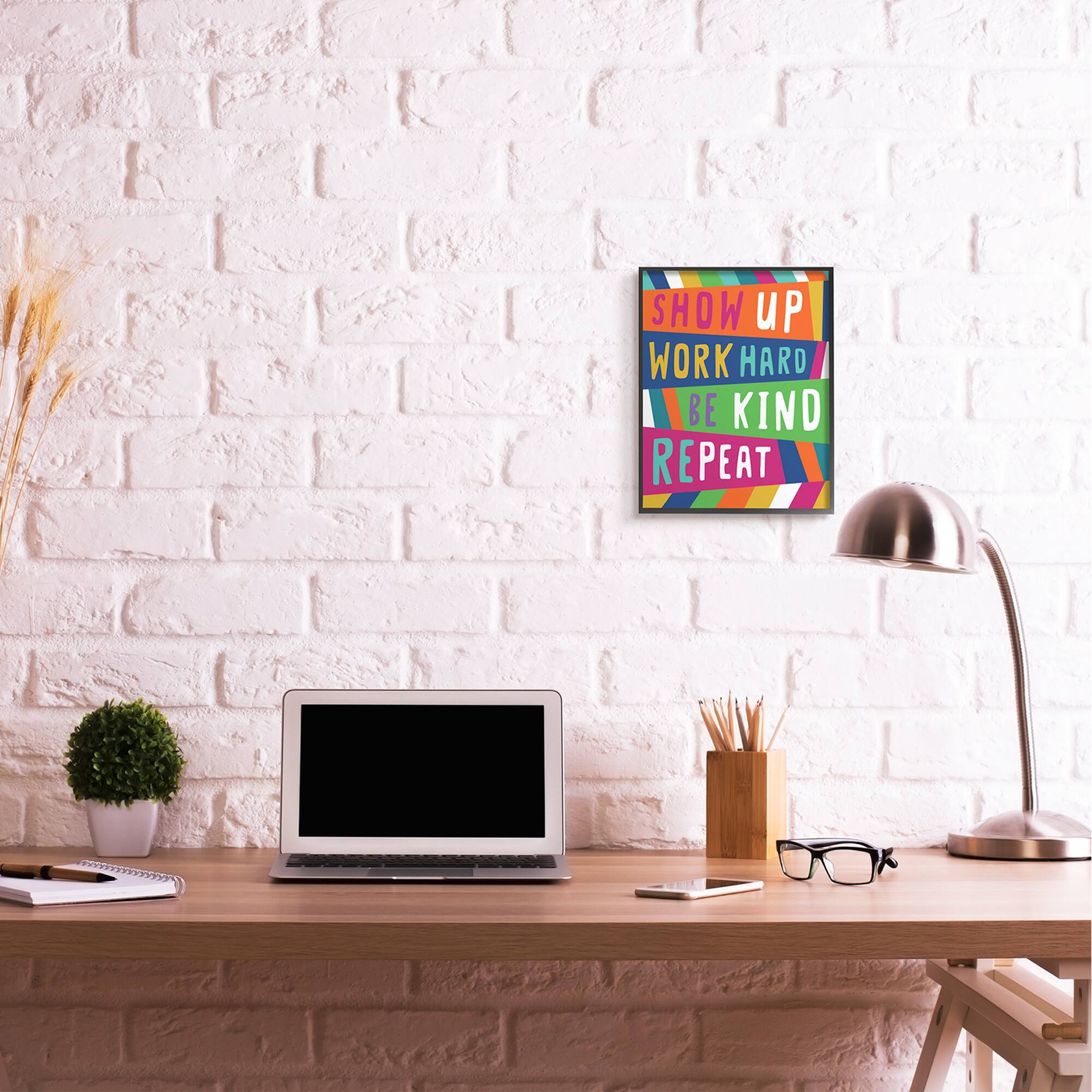 Stupell Industries Show Up Work Hard Phrase Pop Stripe Pattern in Black Frame Wall Art