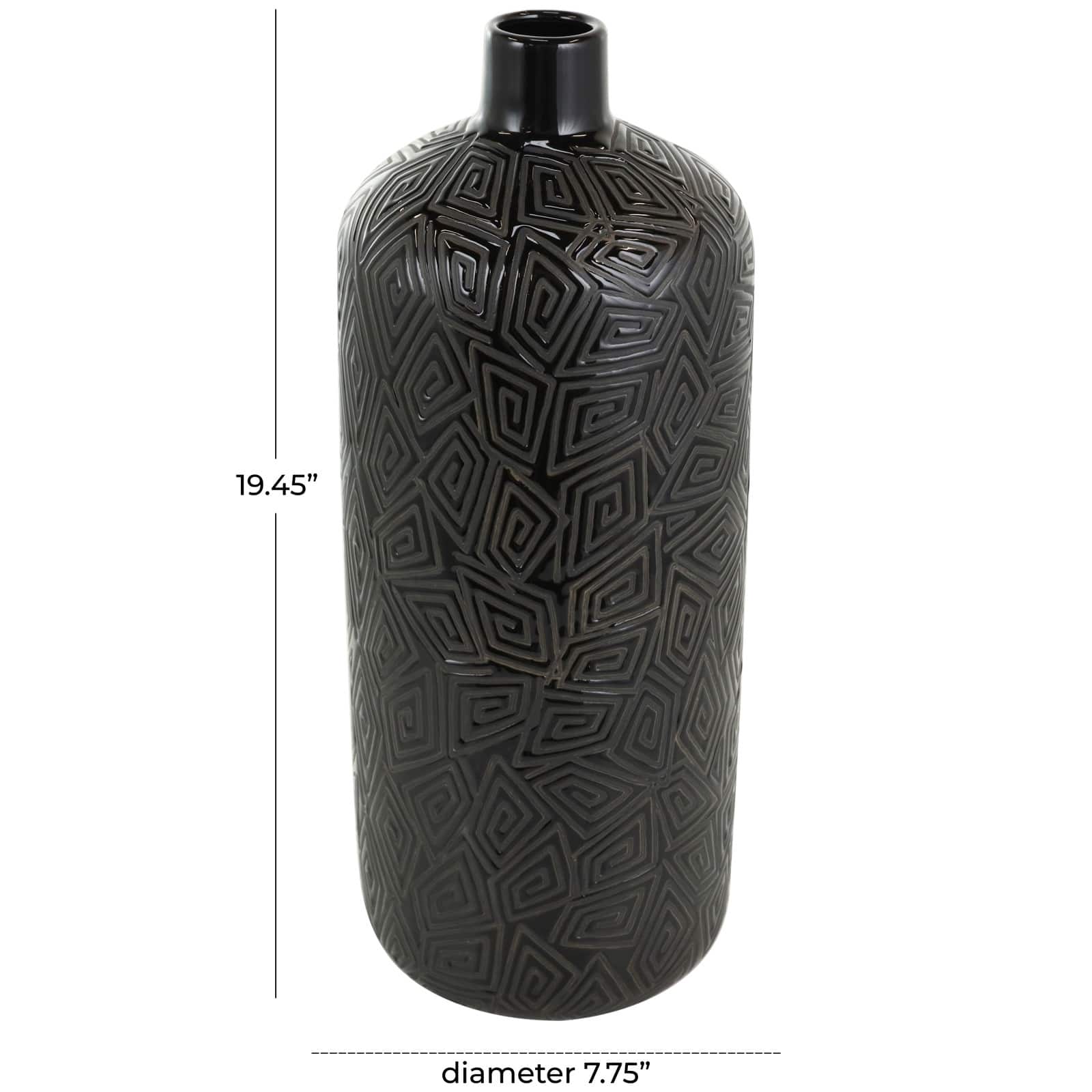 19" Black Geometric Etched Ceramic Vase
