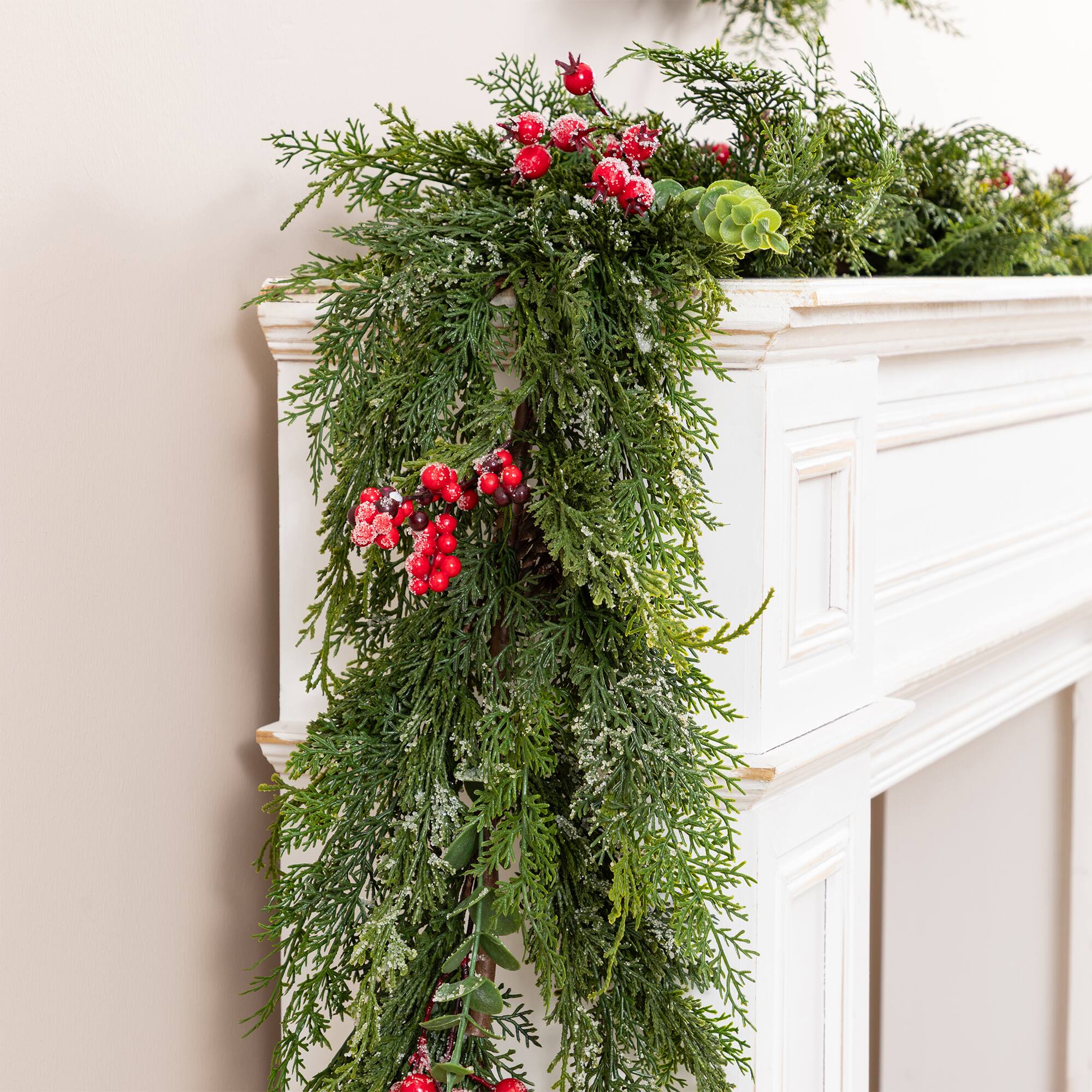 Glitzhome® 9ft. Christmas Greenery Frosted PE Dripping Garland with Pinecones & Red Berries, Set of 2