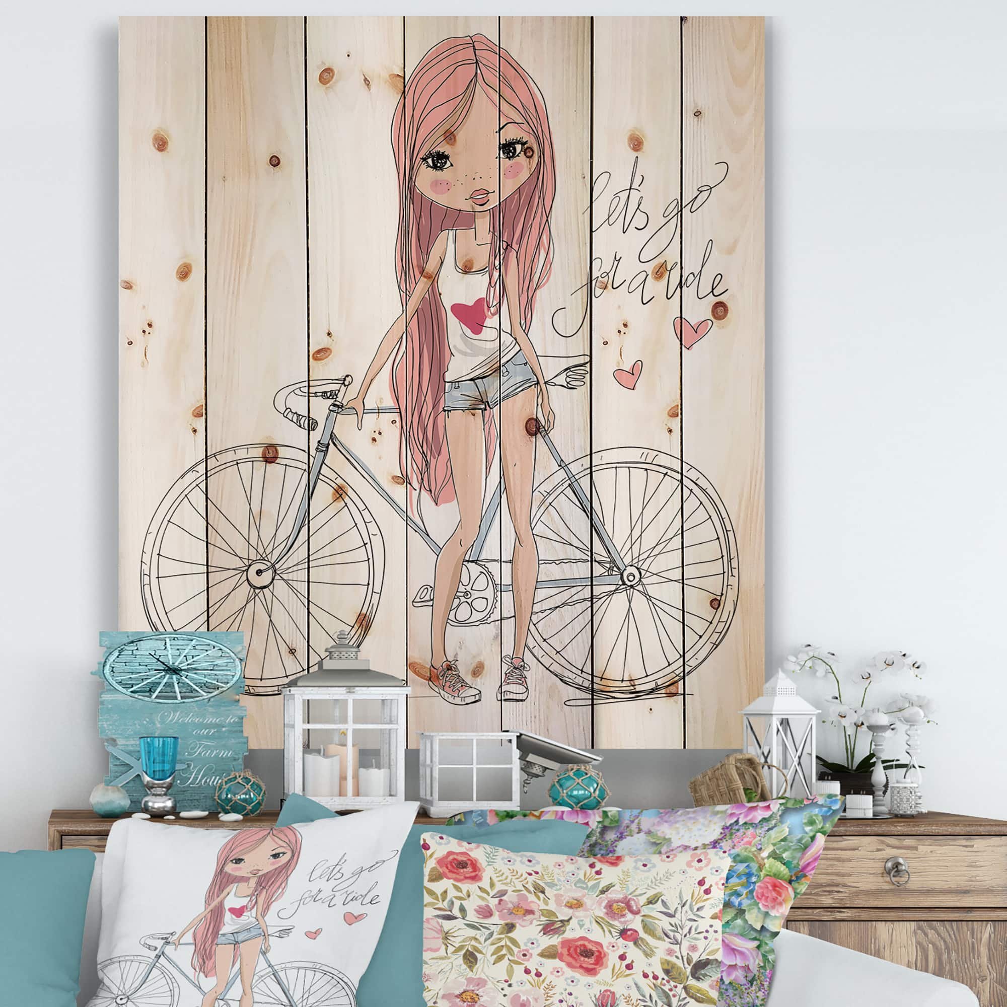 Designart - Young Girl With Bicycle - Children's Art Print on Natural Pine Wood