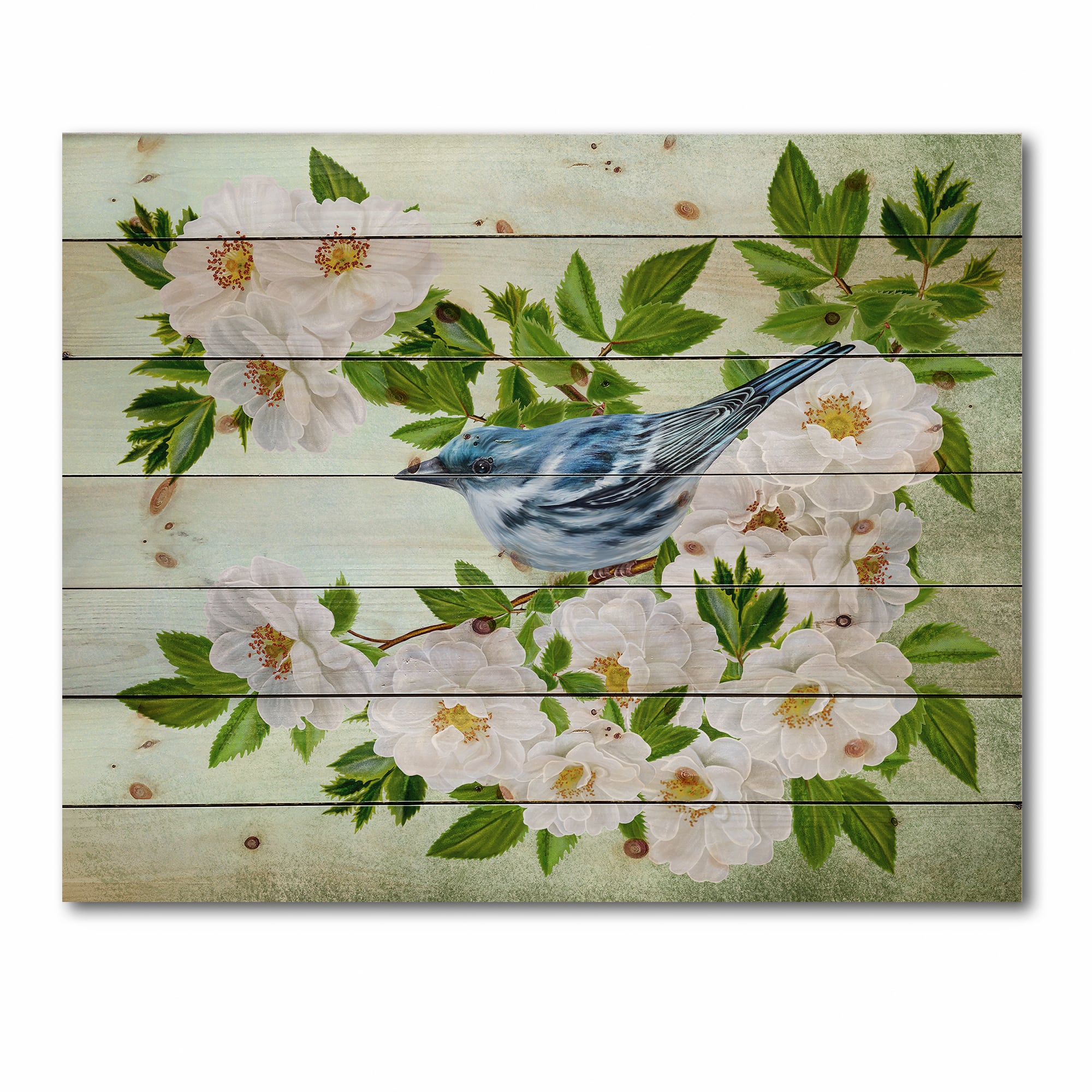 Designart - Little Blue Bird Sitting On A Branch of White Rose - Traditional Print on Natural Pine Wood