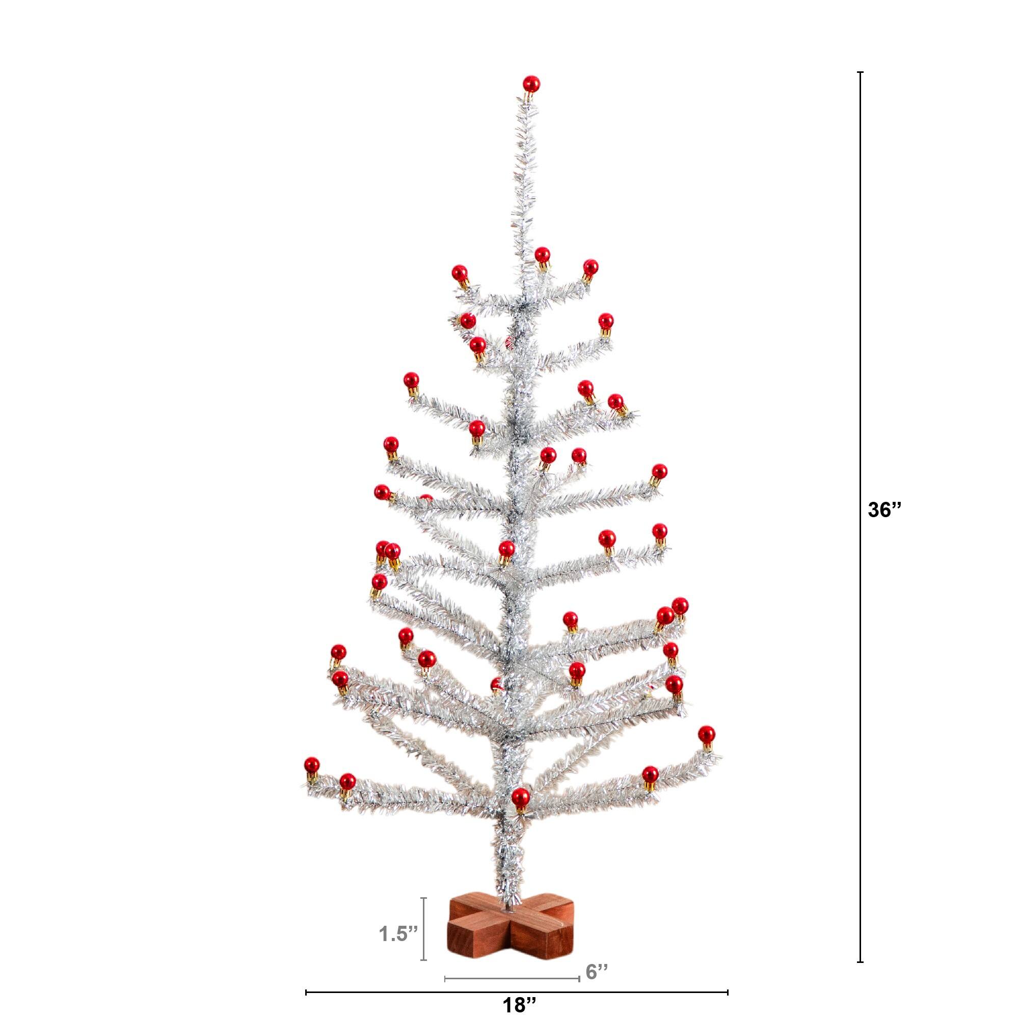 3ft. Artificial Retro Silver Tinsel Christmas Tree with 45 Red Mini Ornament Balls and Wooden Base