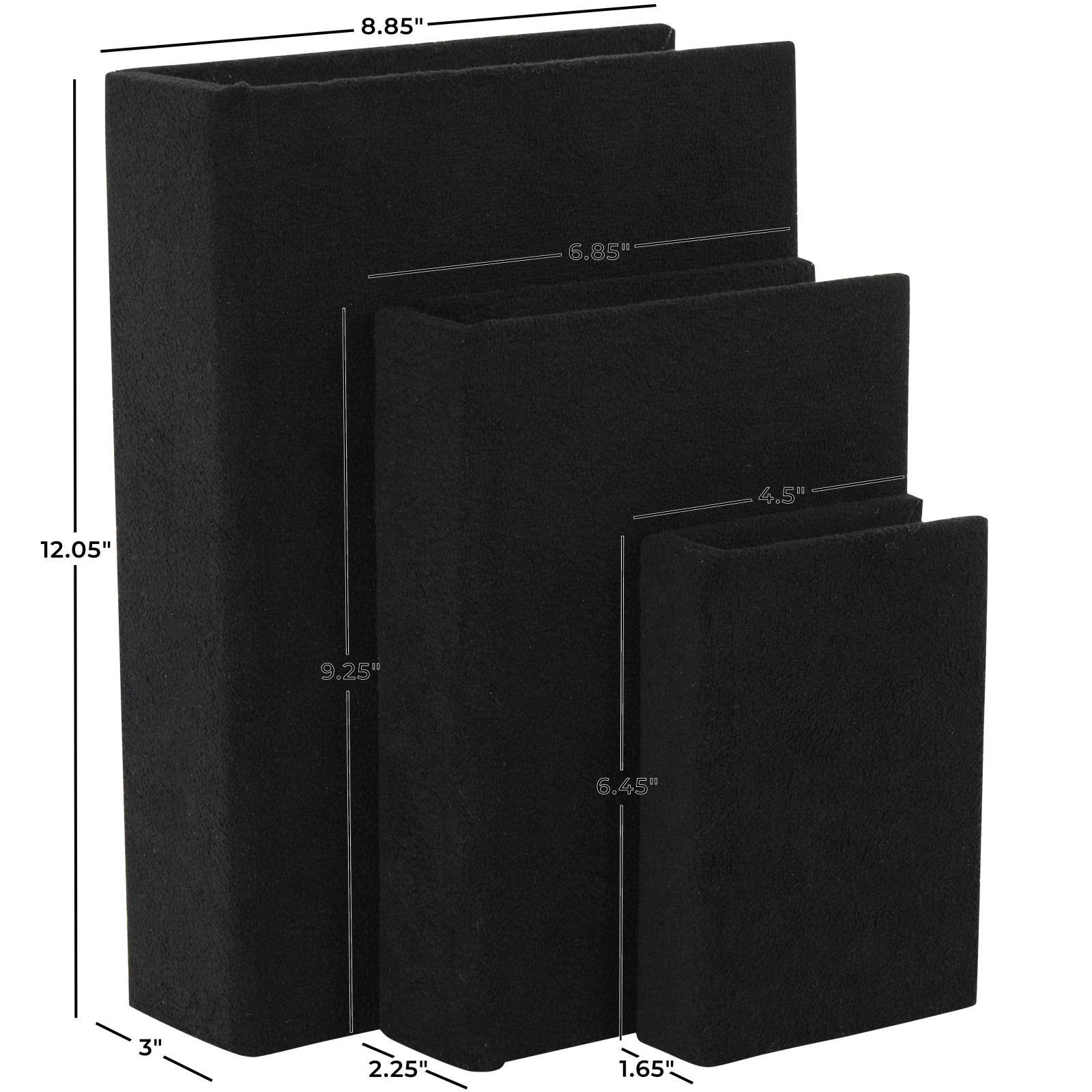 Black Velvet Textured Decorative Book Box with Gold Page Detailing, 3ct.